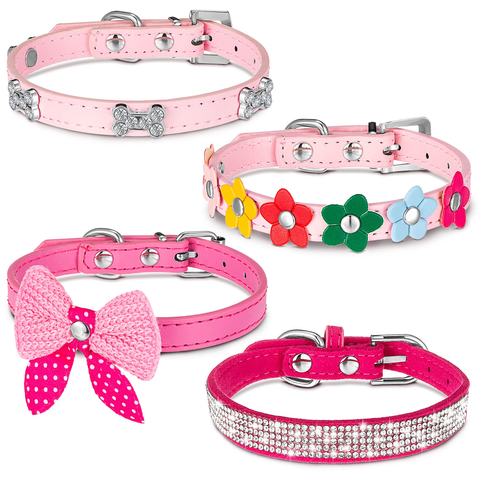 4 Pcs Pink Dog Collar Spiked Studded Dog Collars Pearls Dog Necklace Dog Collar With Rhinestone Bow Knot Crystal Diamond Colorful Flower Bling Girl Dog Cat Collars For Dogs(Novel Style,Medium)