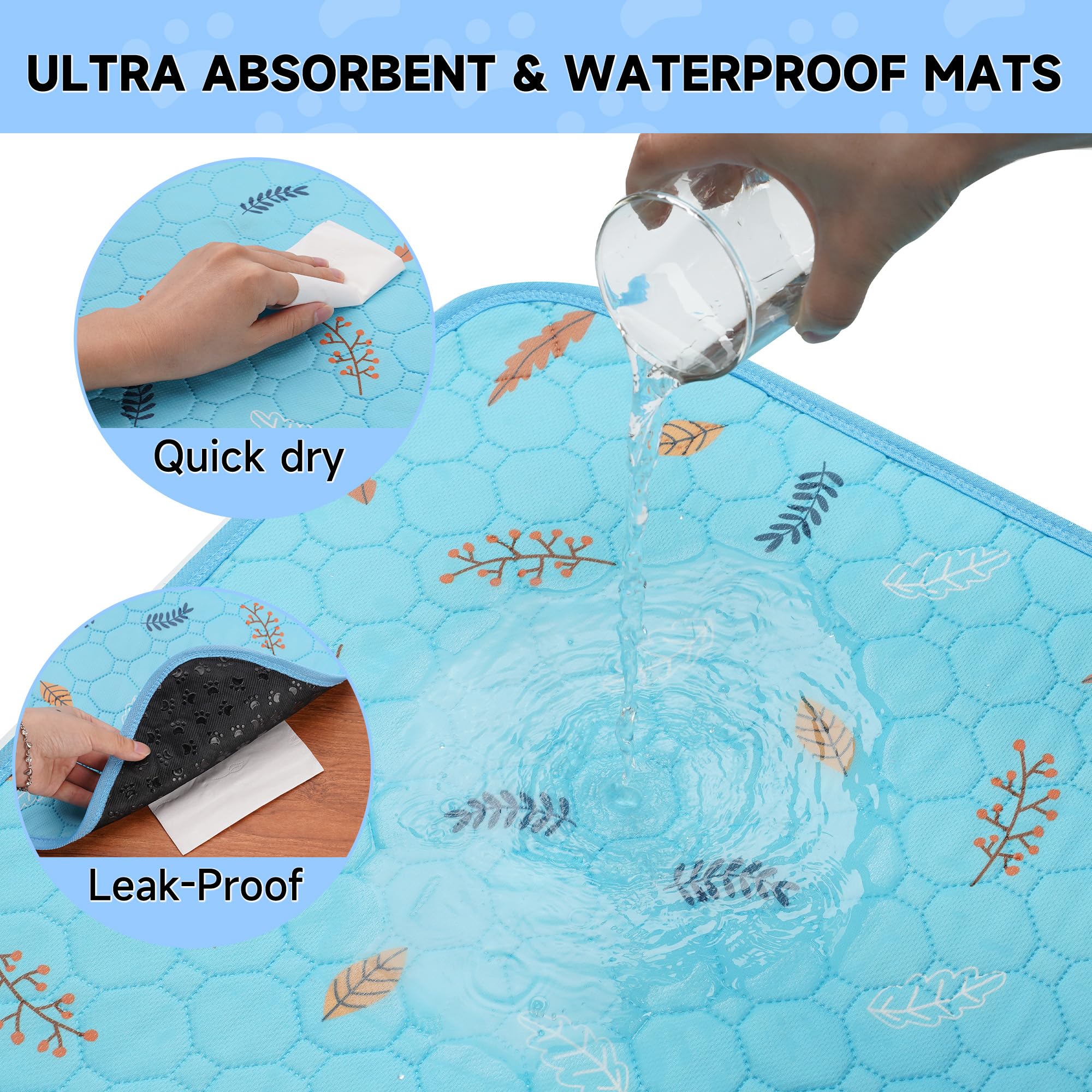 Sunheir Washable Pee Pads For Dogs Large 48' X 48' 2-Pack Reusable Puppy Pads Pet Training Pads, Absorb Dog Mats, Whelping Pad, Non-Slip Protects Against Urine Leakage (Leaves - Sky Blue, 48X48)