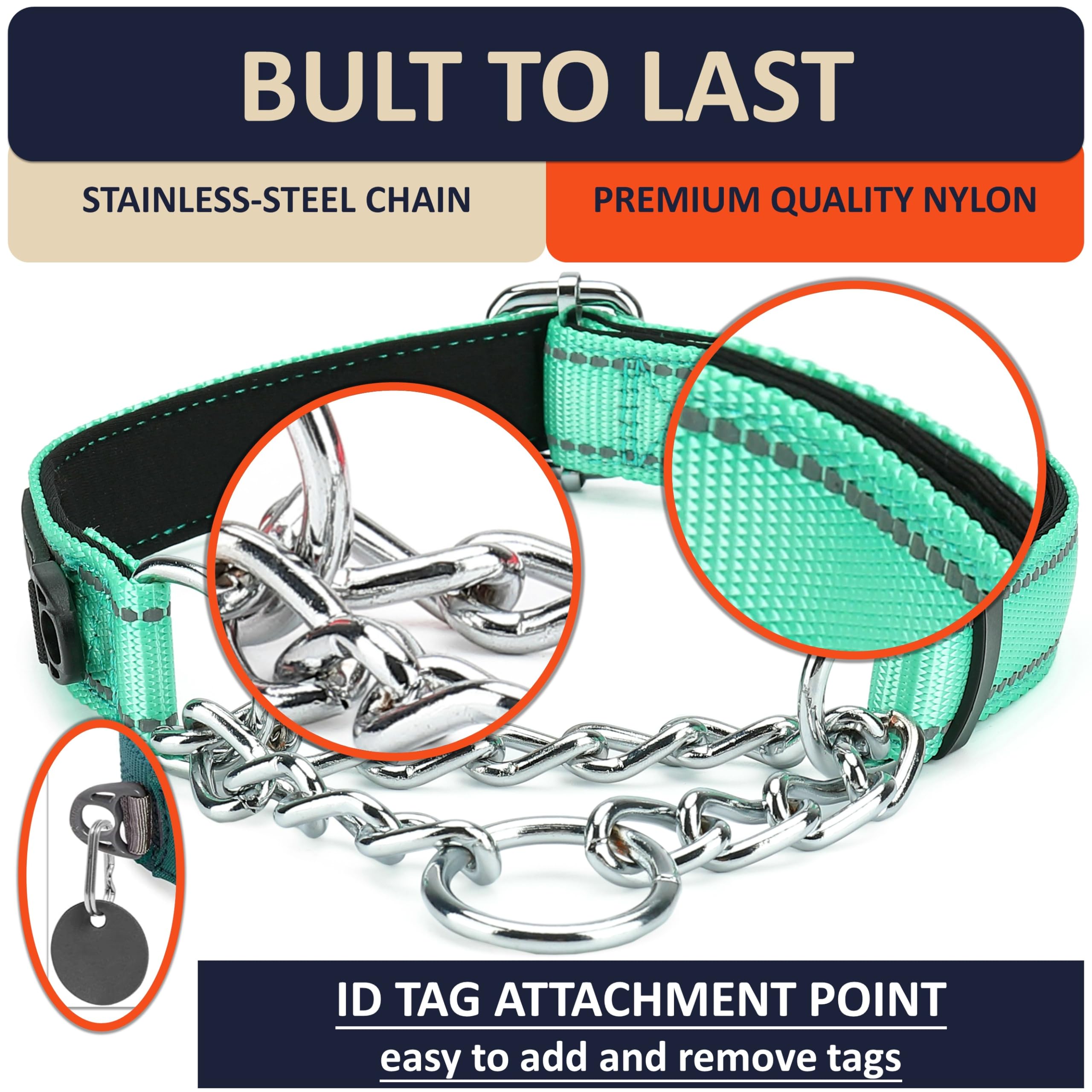 Deyace Martingale Collar For Dogs Large Breed, Adjustable Reflective Stainless Steel Chain Collar With Comfortable Soft Padded F