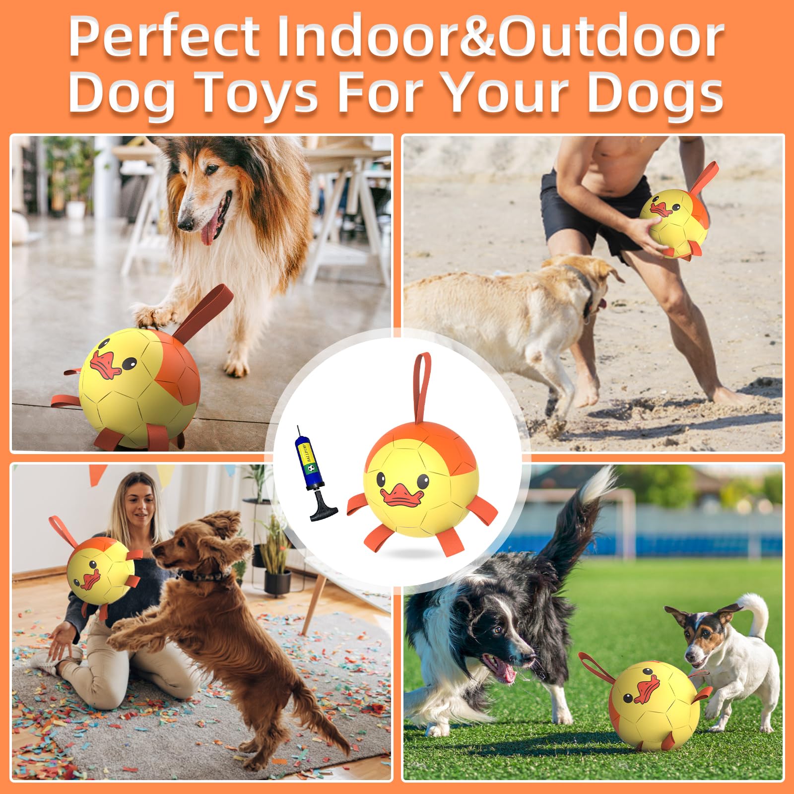 QDAN Dog Toys Soccer Ball - Durable Interactive Tug Toy for Medium & Large Dogs, Yellow-Duck, 8 Inch, Perfect for Water Play and Birthdays