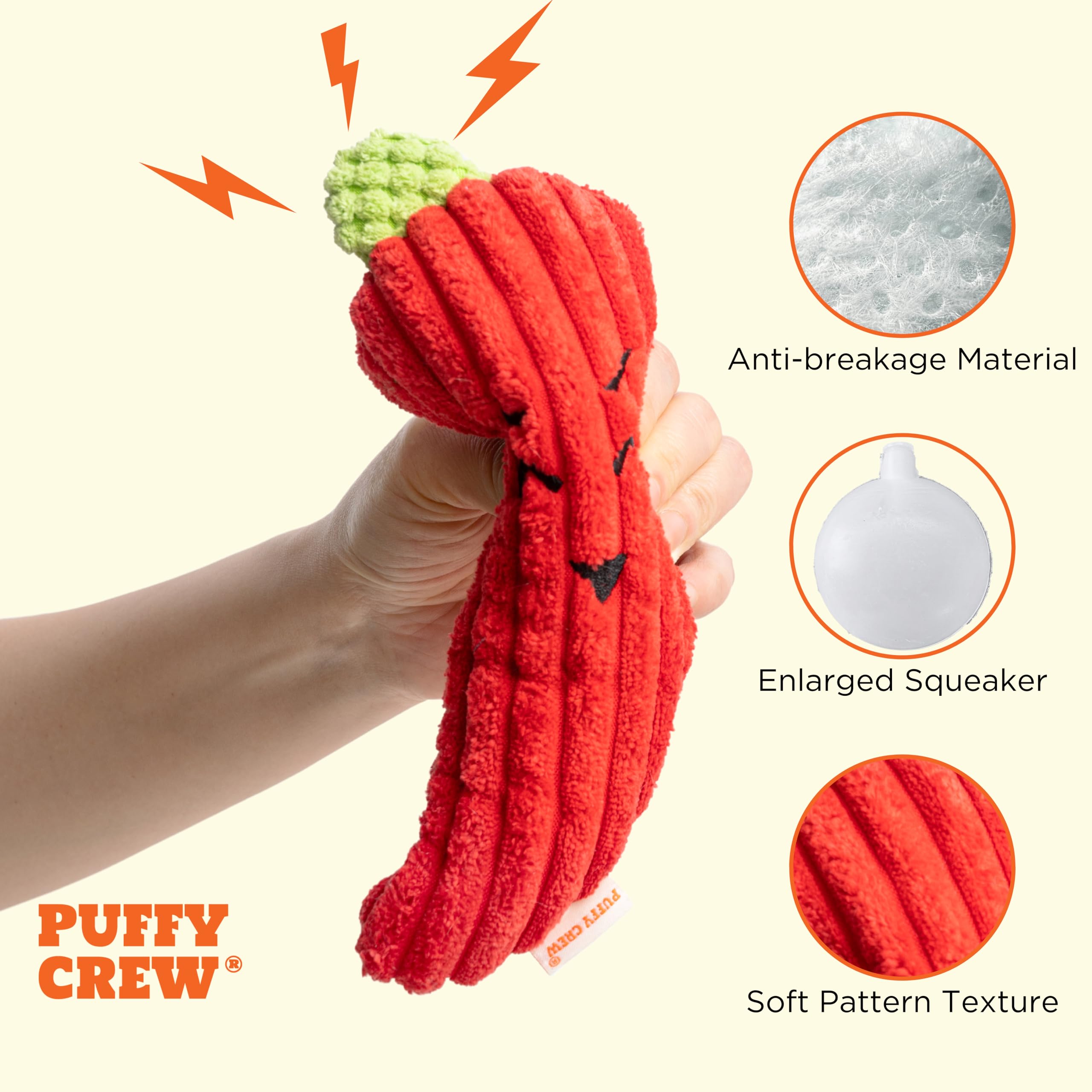 Puffy Crew Squeaky Dog Plush Toy, Bite_Stick Collection, 8', For Small And Medium Dogs (Red Chili)