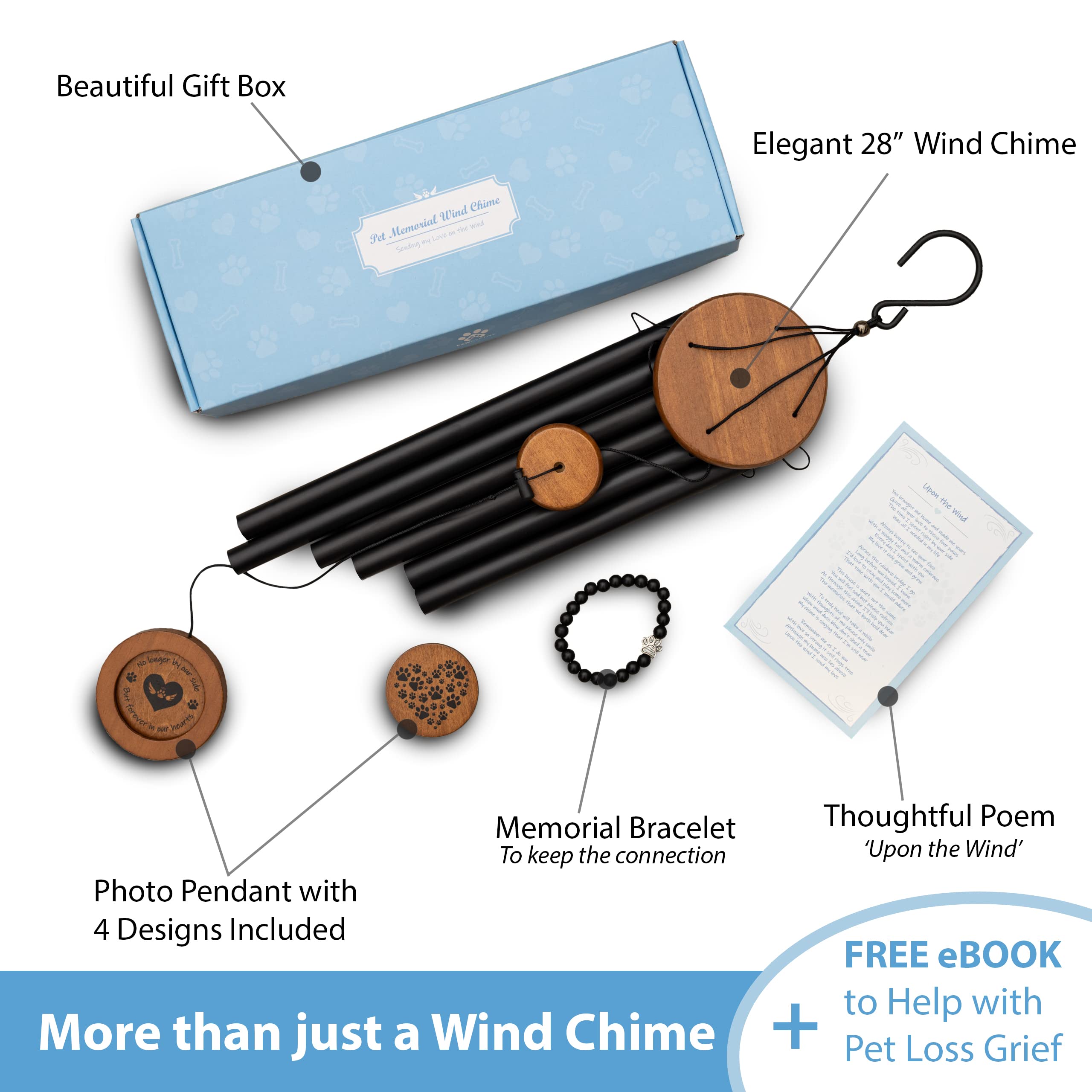 Dog Memorial Wind Chime 28' With 5 Pendant Designs And Comforting Pet Loss Ebook- Dog Memorial Gifts-Loss Of Dog Sympathy Gift-Dog Wind Chimes For Pet Memorial Gifts, Photo Dog Remembrance Gift