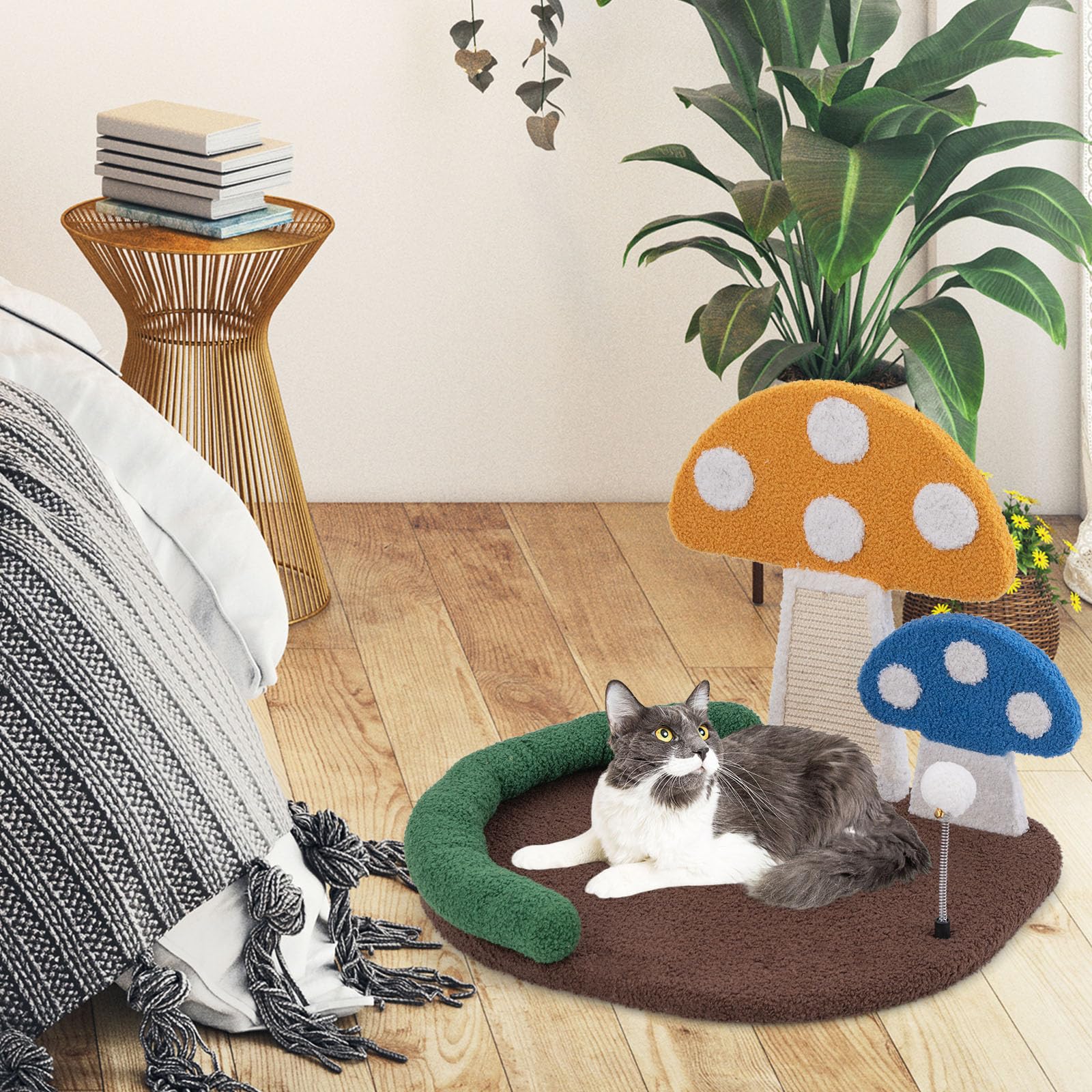 Tangkula Mushroom Cat Bed, Cat Claw Scratcher With Wide Large Platform, Sisal Scratching Panel, Spring Ball, Pp Cotton Padded He