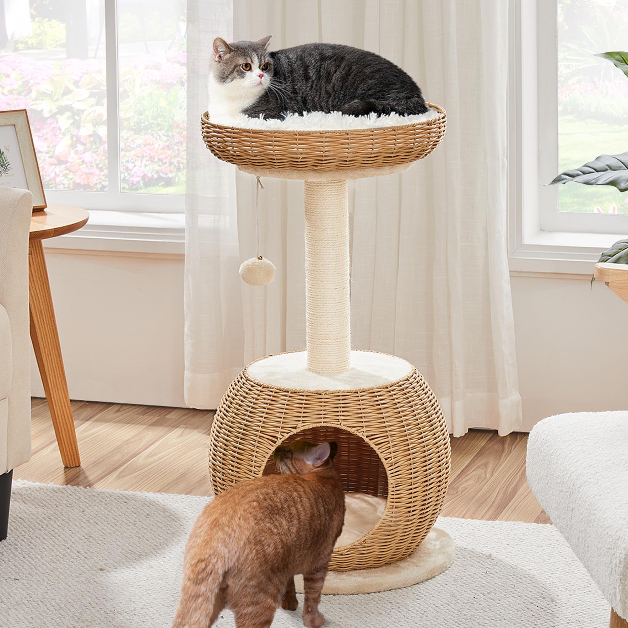 Yaheetech Cat Tree, 29.5In Rattan Cat Tower For Indoor Cats W/Scratching Post, Woven Cat Condo And Soft Cushion Top Perch, Aesth