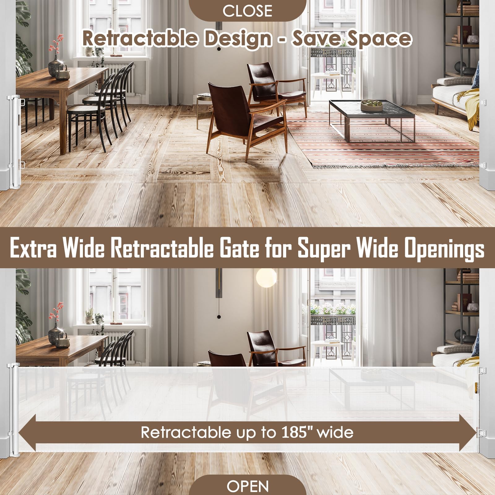 185 Inch Wide Retractable Baby Gates Outdoor Retractable Dog Gate Indoor Extra Long Baby Gate Retractable Pet Gate, Dog Gates fo