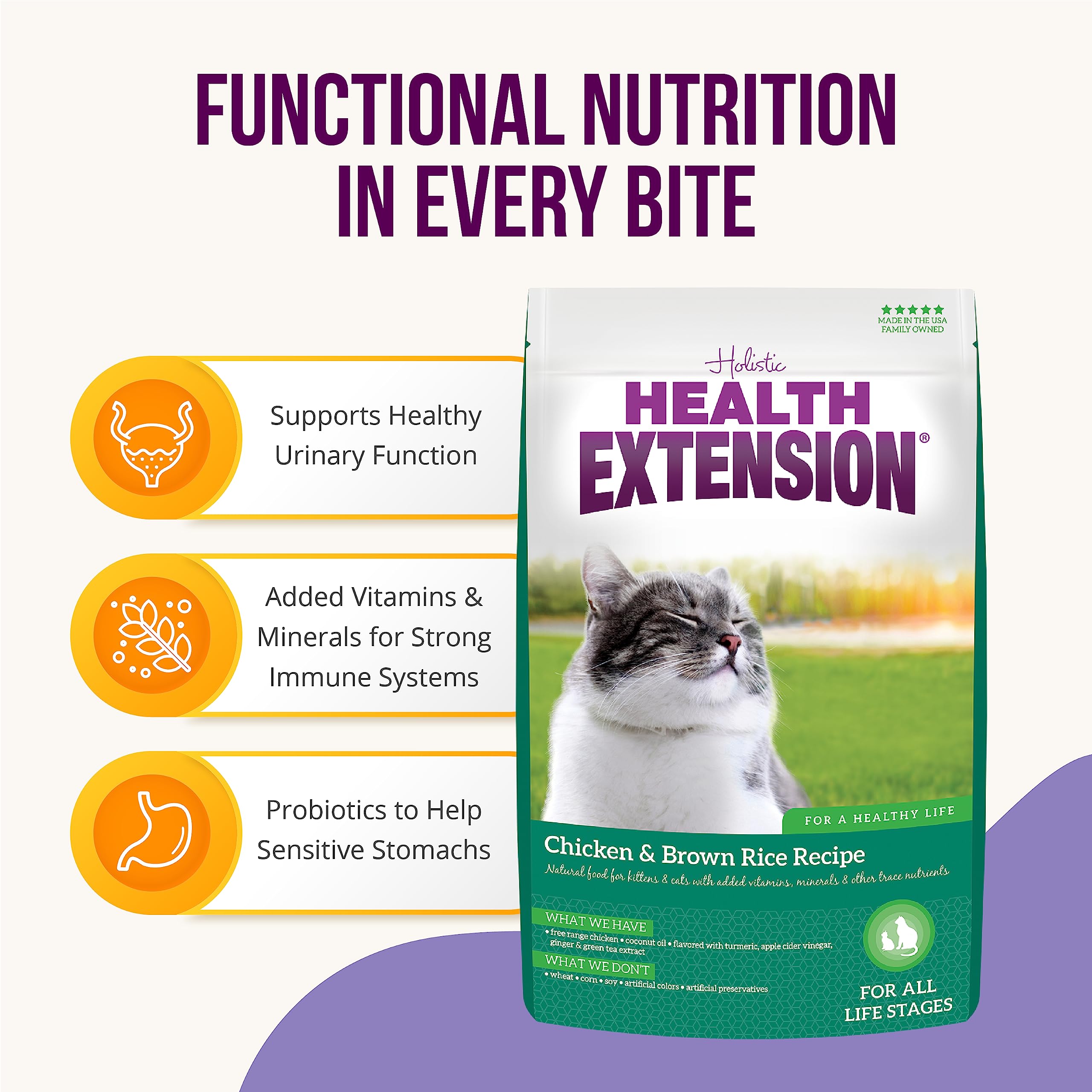 Health Extension Dry Cat Food, (4 lb / 1.81 kg) - Chicken & Brown Rice Recipe with Added Vitamins, Minerals, and Probiotics, Sui