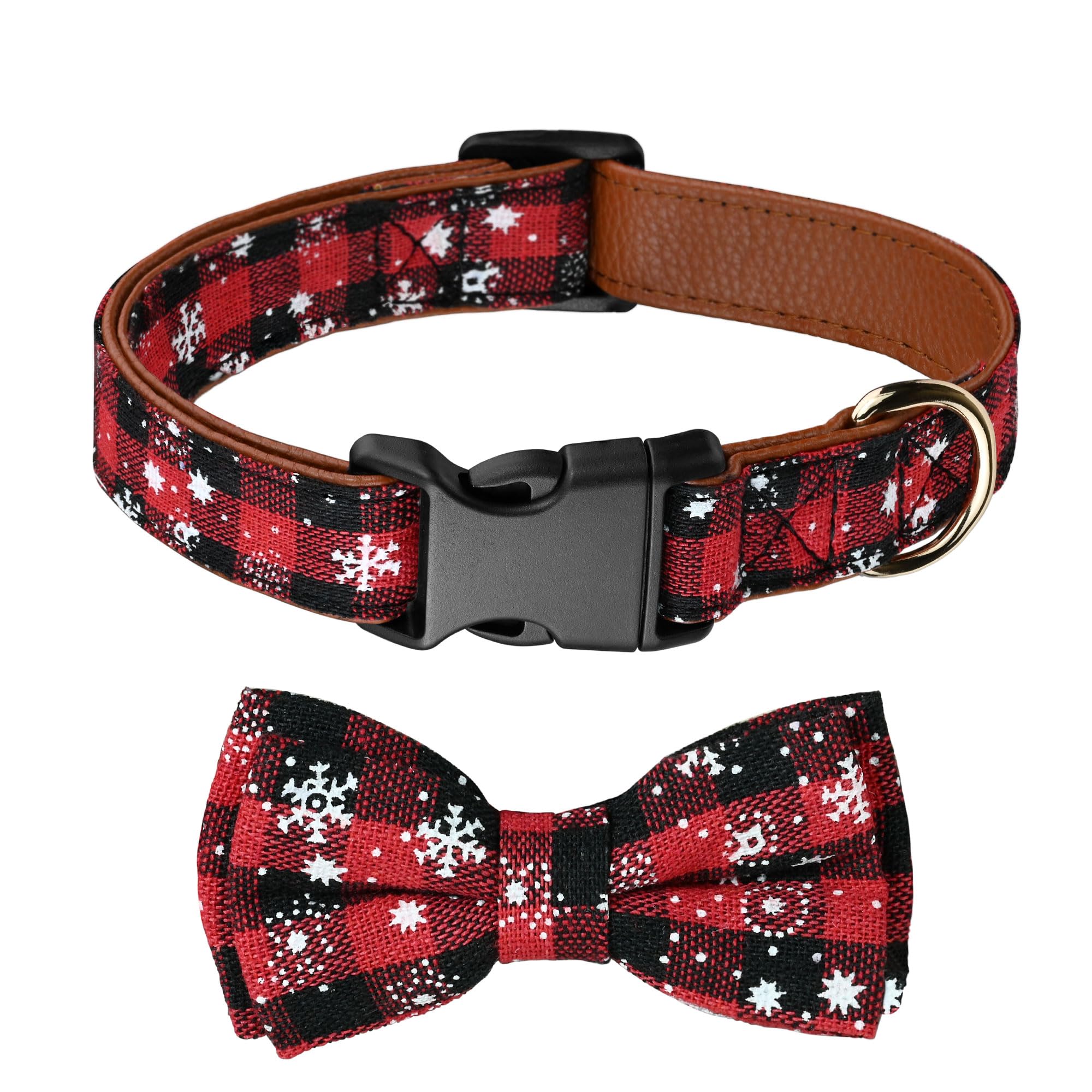 Wipalor Adjustable Christmas Dog Collar Girl Boy With Detachable Bowtie, Classic Plaid Snowflake Dog Christmas Collar, Soft Leat