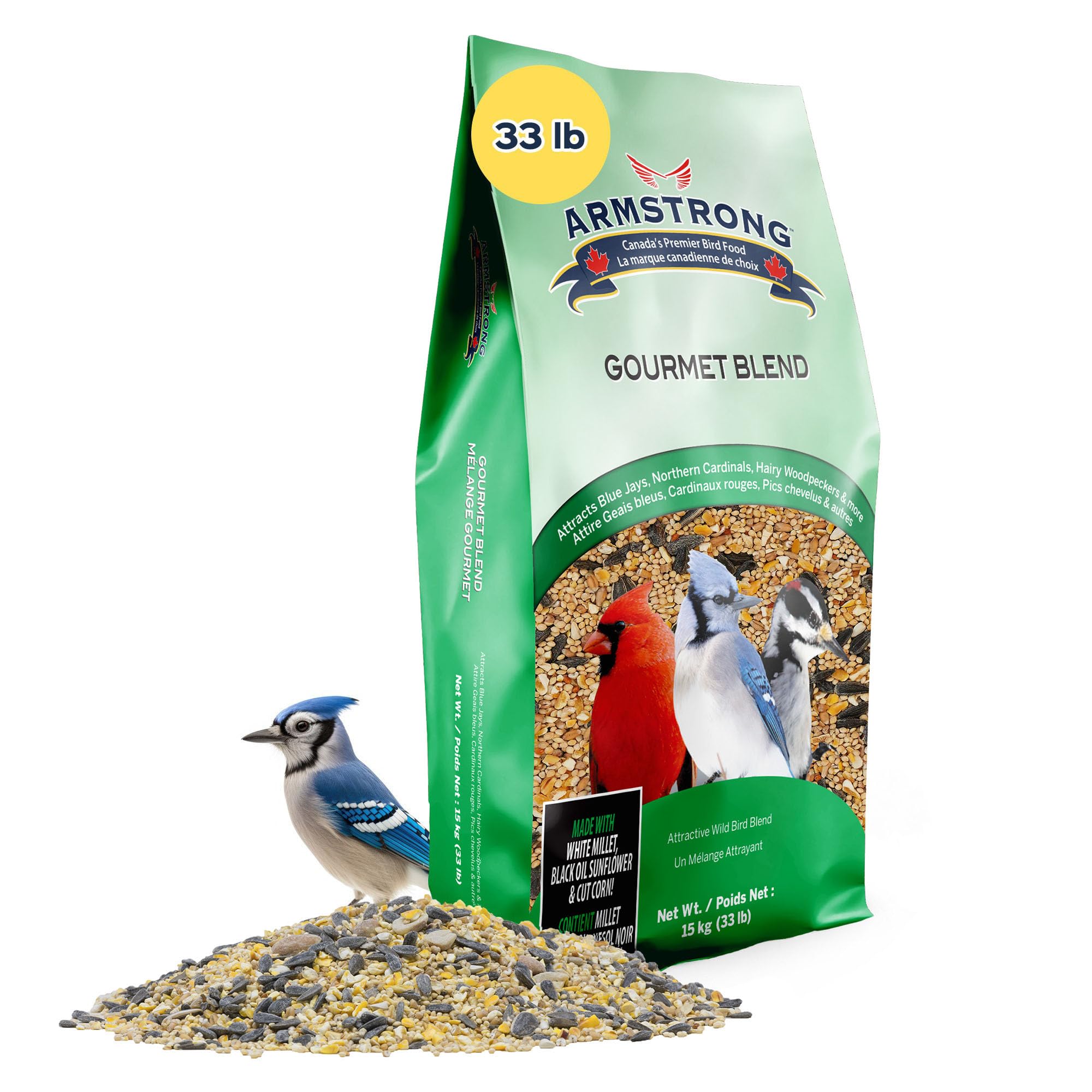 Armstrong Bird Food Gourmet Blend, 33 Pounds - with White & Red Millet, Cut Corn, Wheat, Black Oil Sunflower, Striped Sunflower,