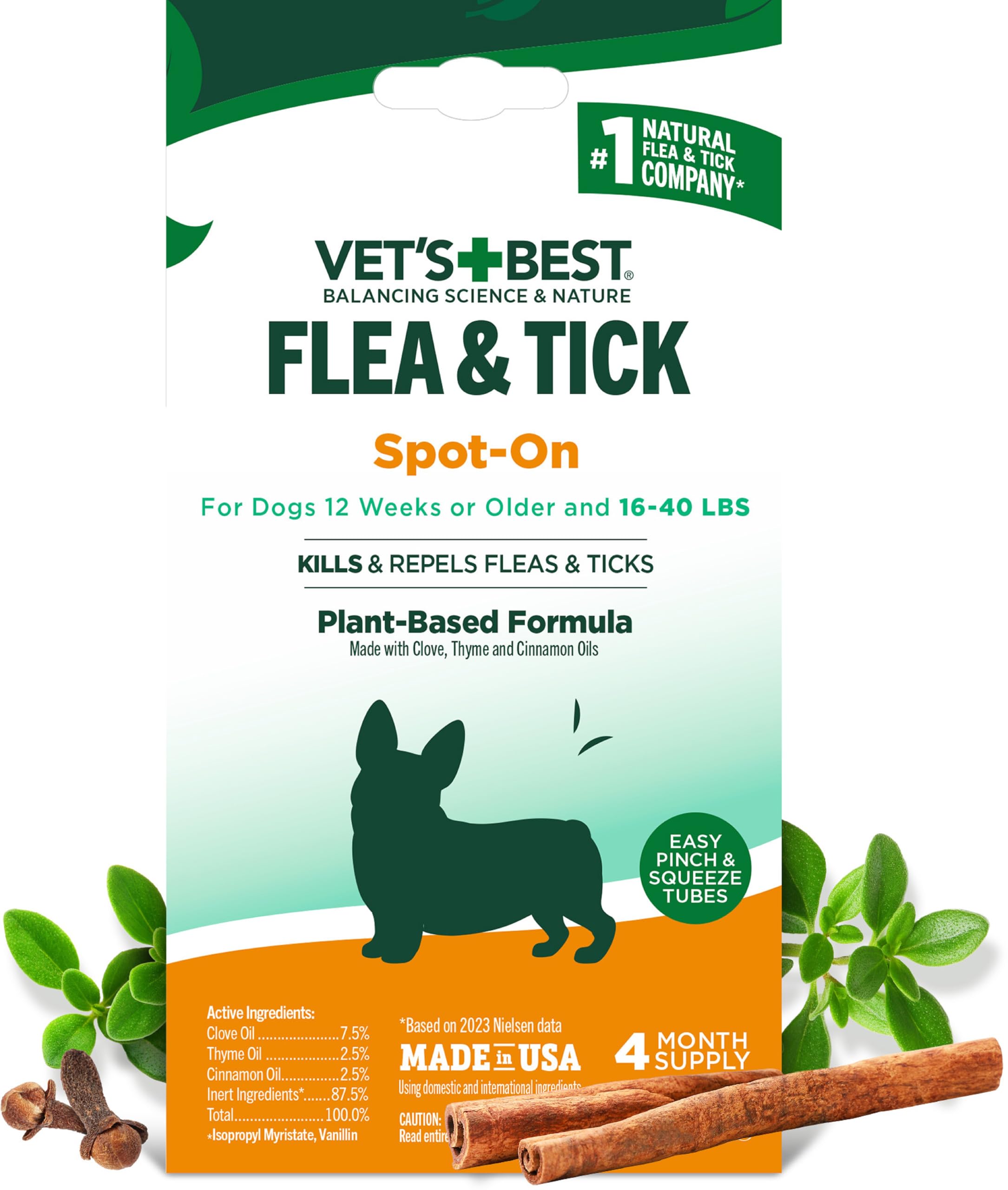 Vets Best Natural Flea and Tick Drops for Medium Dogs - Plant-Based Spot-On Treatment with Certified Essential Oils - Topical F