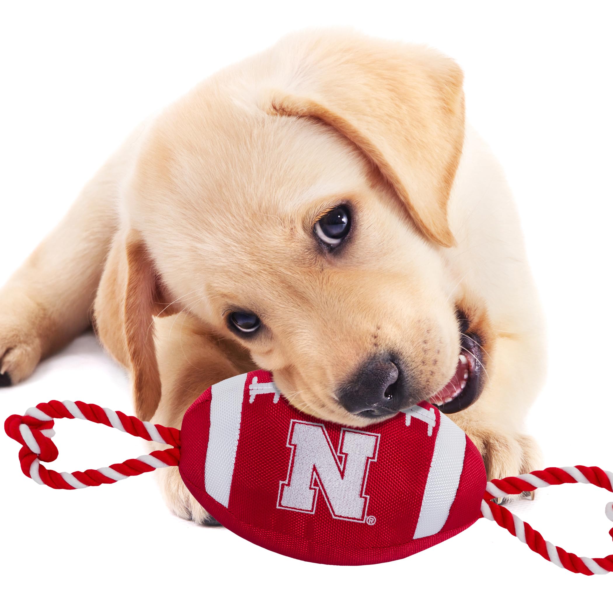 Pets First NCAA Nebraska Cornhuskers Football Dog Toy, Tough Quality Nylon Materials, Strong Pull Ropes, Inner Squeaker, Collegi