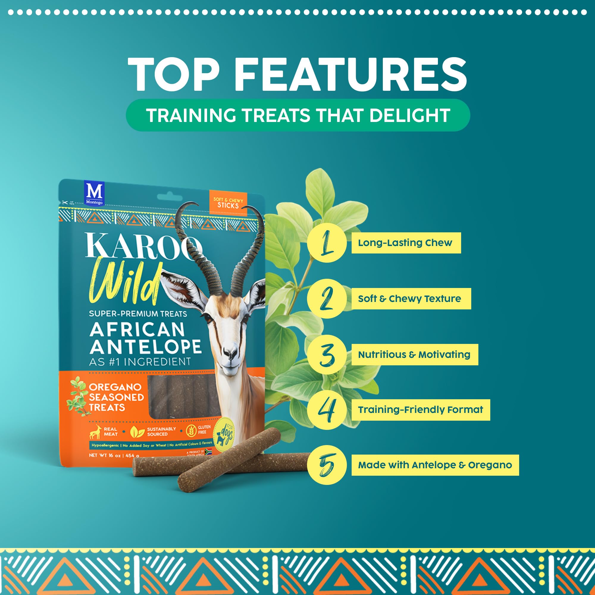 Karoo Wild Sticks Oregano Seasoned Treats for Dogs - 16 oz - Soft & Chewy Protein Sticks Made with African Antelope - Ideal for