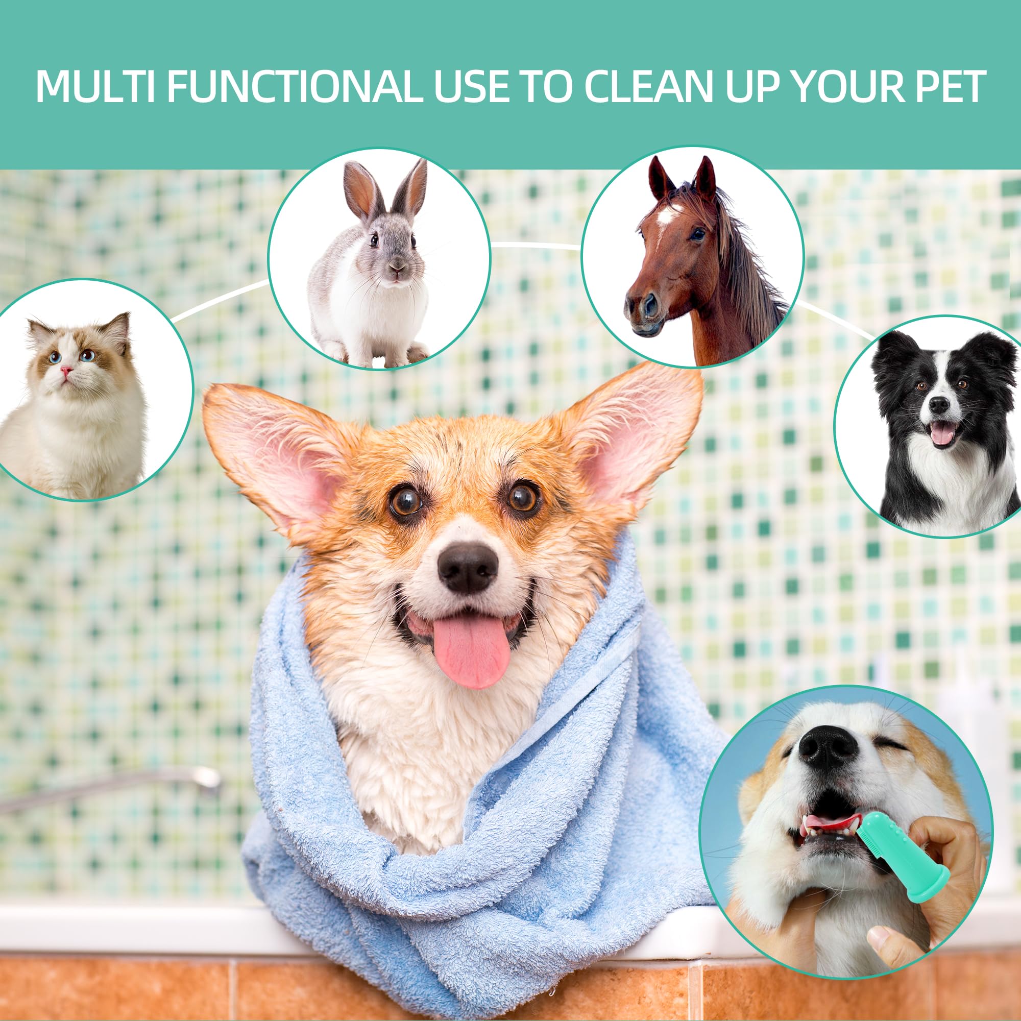 Robatun Pet Grooming Gloves & Hair Remover For Cats And Dogs - 2-In-1 Dog Bath Gloves With Finger Toothbrush & Extended Length -