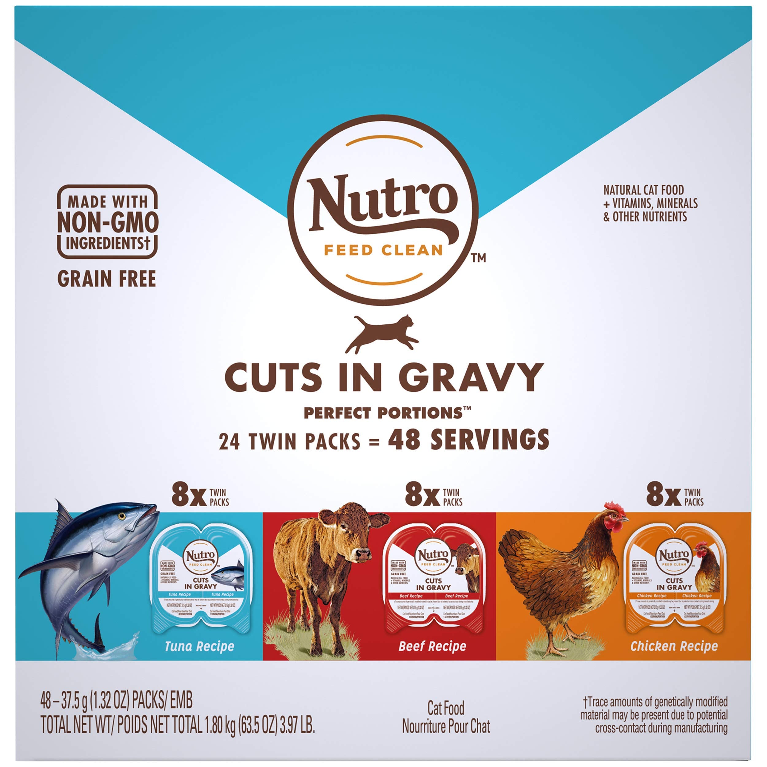 NUTRO Grain Free Natural Wet Cat Food Cuts in Gravy Beef Recipe, Tuna Recipe, and Chicken Recipe Variety Pack, 2.64 oz. PERFECT 