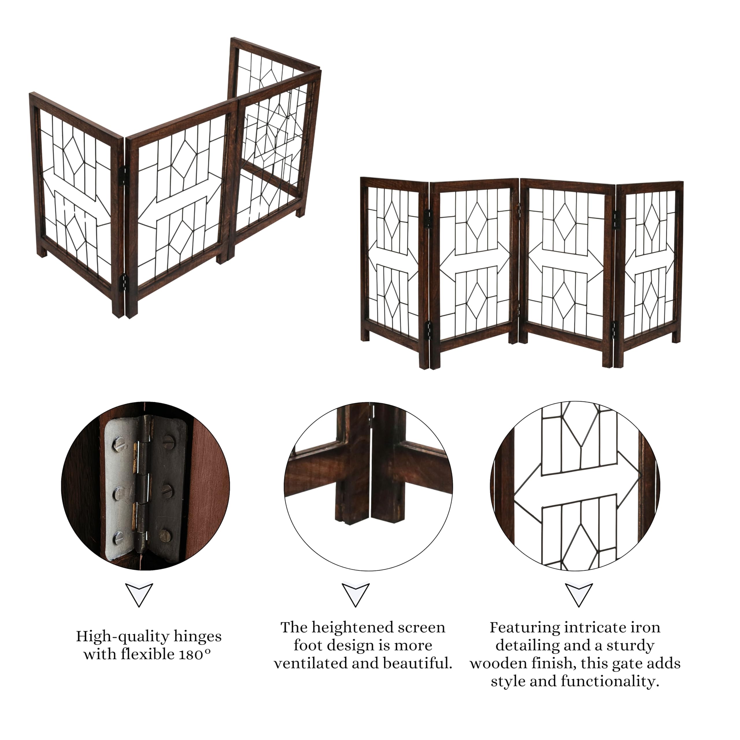 Antique Burnt 24 X 72 Dog Gate - 4 Panels, Indoor & Outdoor, Stairs & Doorway, Free Standing Dog Gate With Door, 24 X 72 With 4
