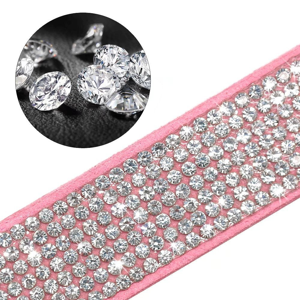 Beirui Rhinestone Bling Leather Dog Collar And Leash Set - Soft Flocking Sparkly Crystal Diamonds Studded - Cute Double Bowknot Cat Collar With 4 Foot Leash For Pet Show,Pink,Neck:6-8'
