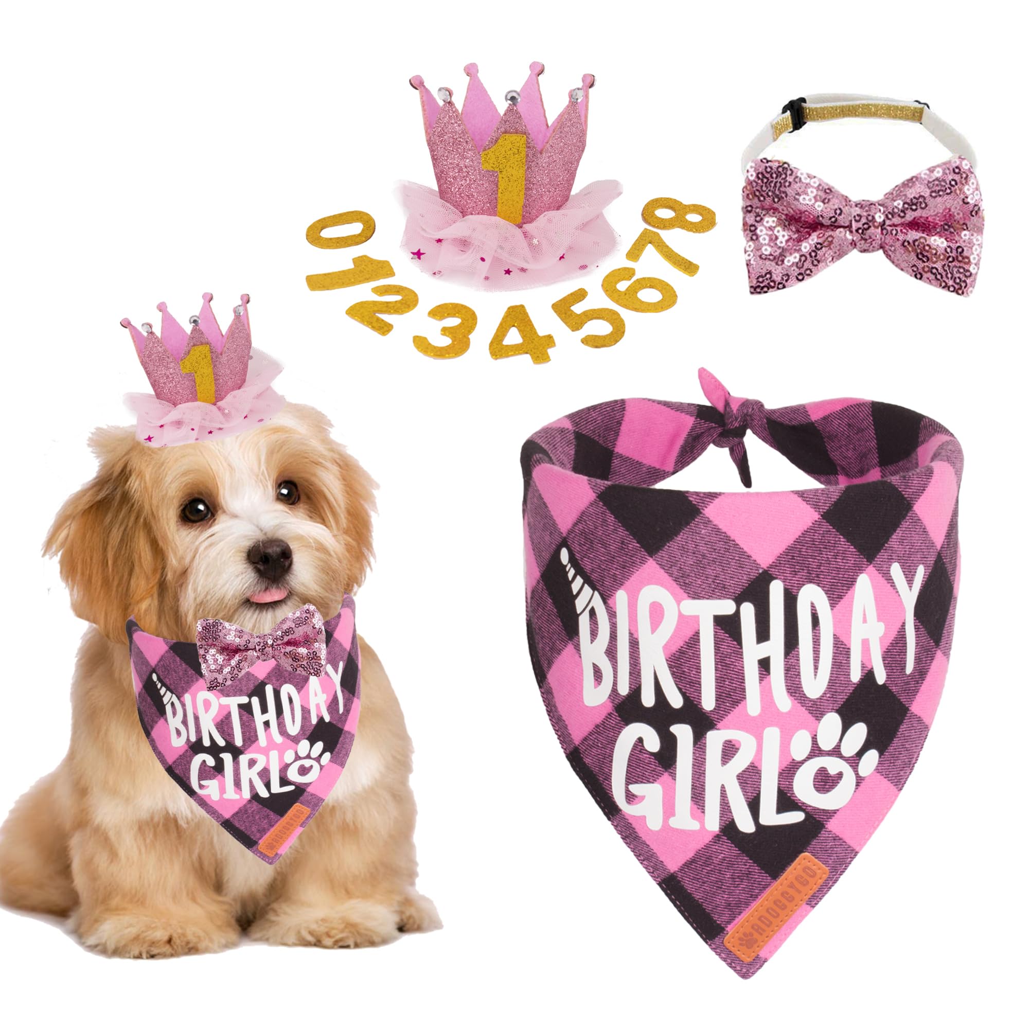 Adoggygo Dog Birthday Party Supplies, Multi Size Offered, Birthday Girl Dog Bandana, Pink Puppy Party Hat Crown With Numbers For