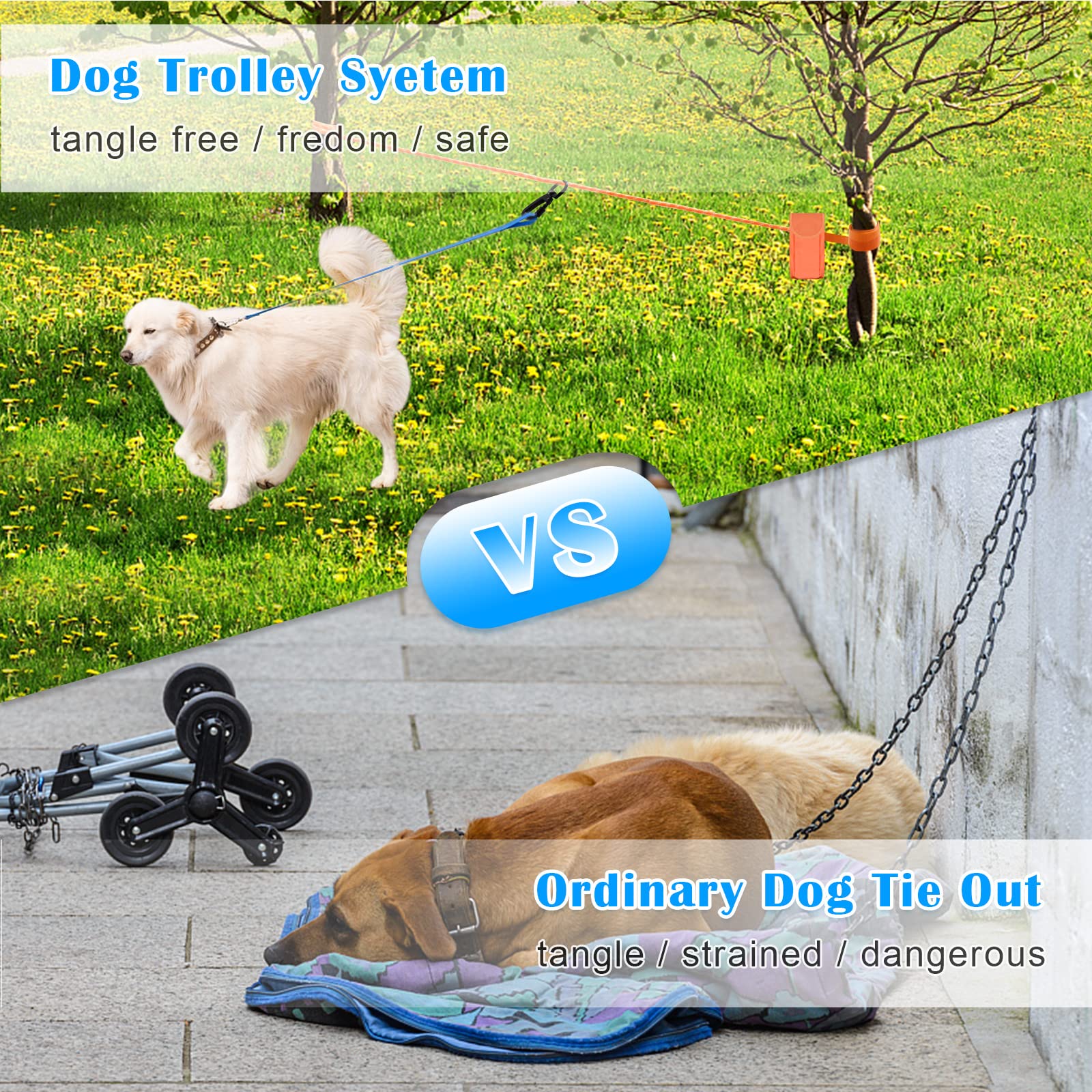 Upgraded Katolk Dog Tie Out Cable For Camping, 100Ft Portable Dog Trolley System For 2 Dogs, Knot-A-Hitch Dog Hitching System Up To 250Lbs, Dog Runner For Yard Camping Training Running Hiking Outdoor