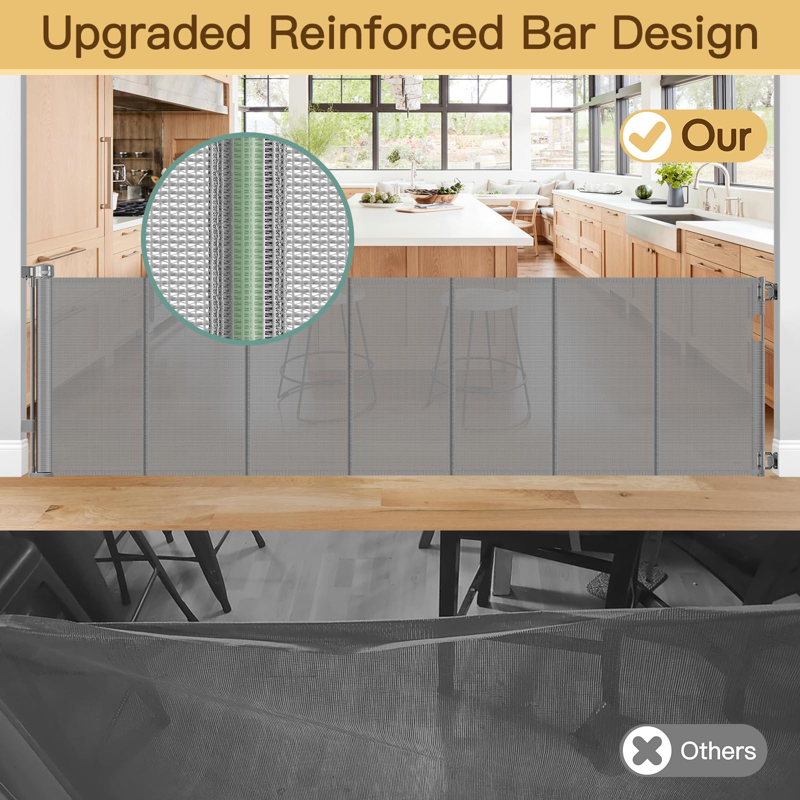 Reinforced 120 Inch Extra Wide Retractable Baby Gate with Support Rods, 33    Tall Retractable Pet Gate for Dogs, Indoor/Outdoor