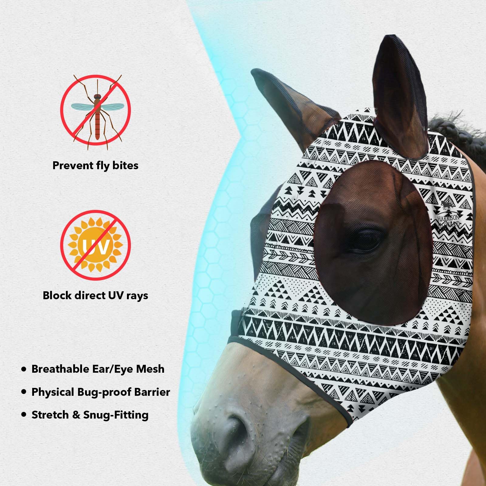 Harrison Howard Super Comfort Stretchy Fitting Horse Fly Mask with UV Protection Soft on Skin with Breathability Doodle Aztec Po