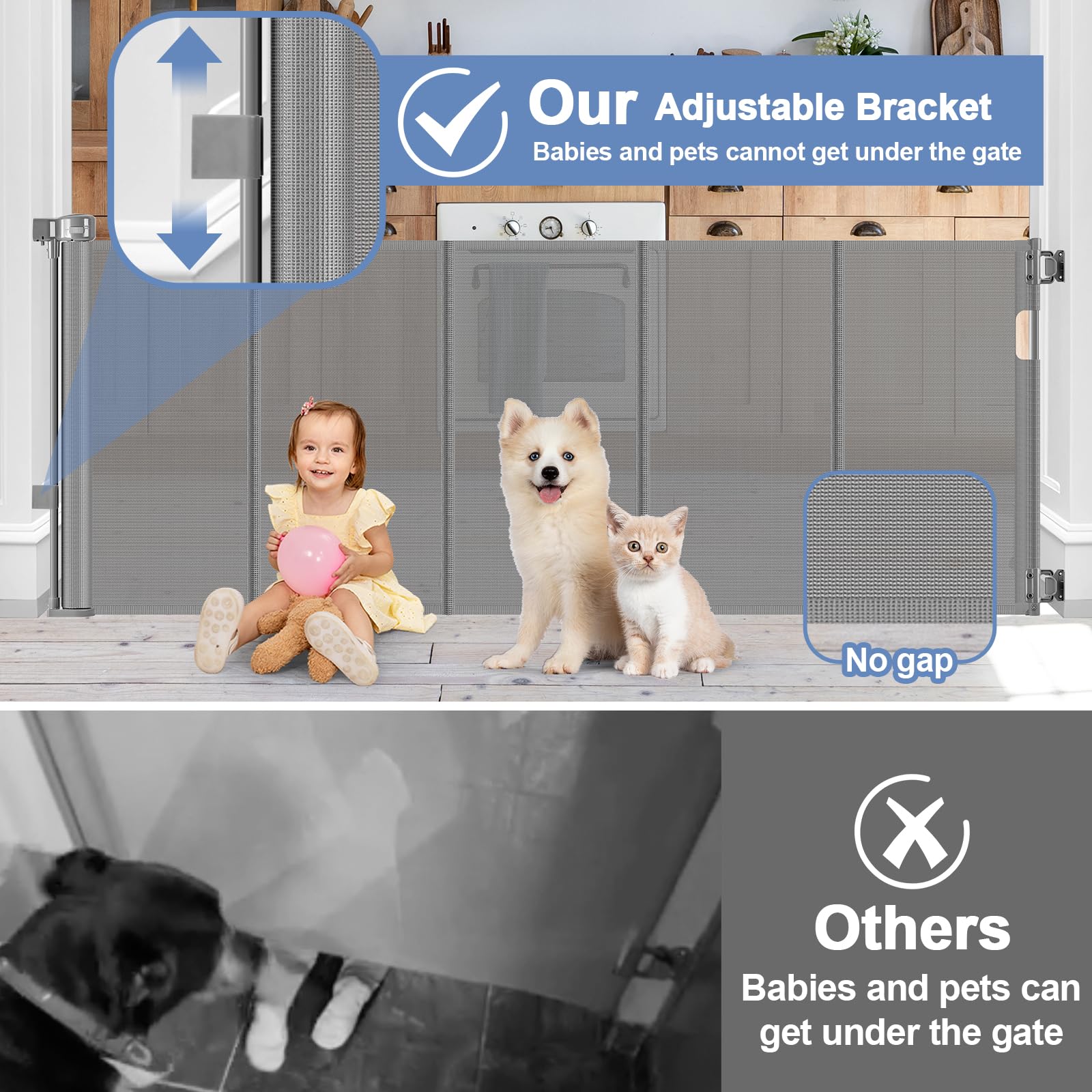Reinforced Retractable Dog Gate with Support Strip 60'' Wide Retractable Outdoor Gate for Decks Mesh Dog Gate Retractable Indoor