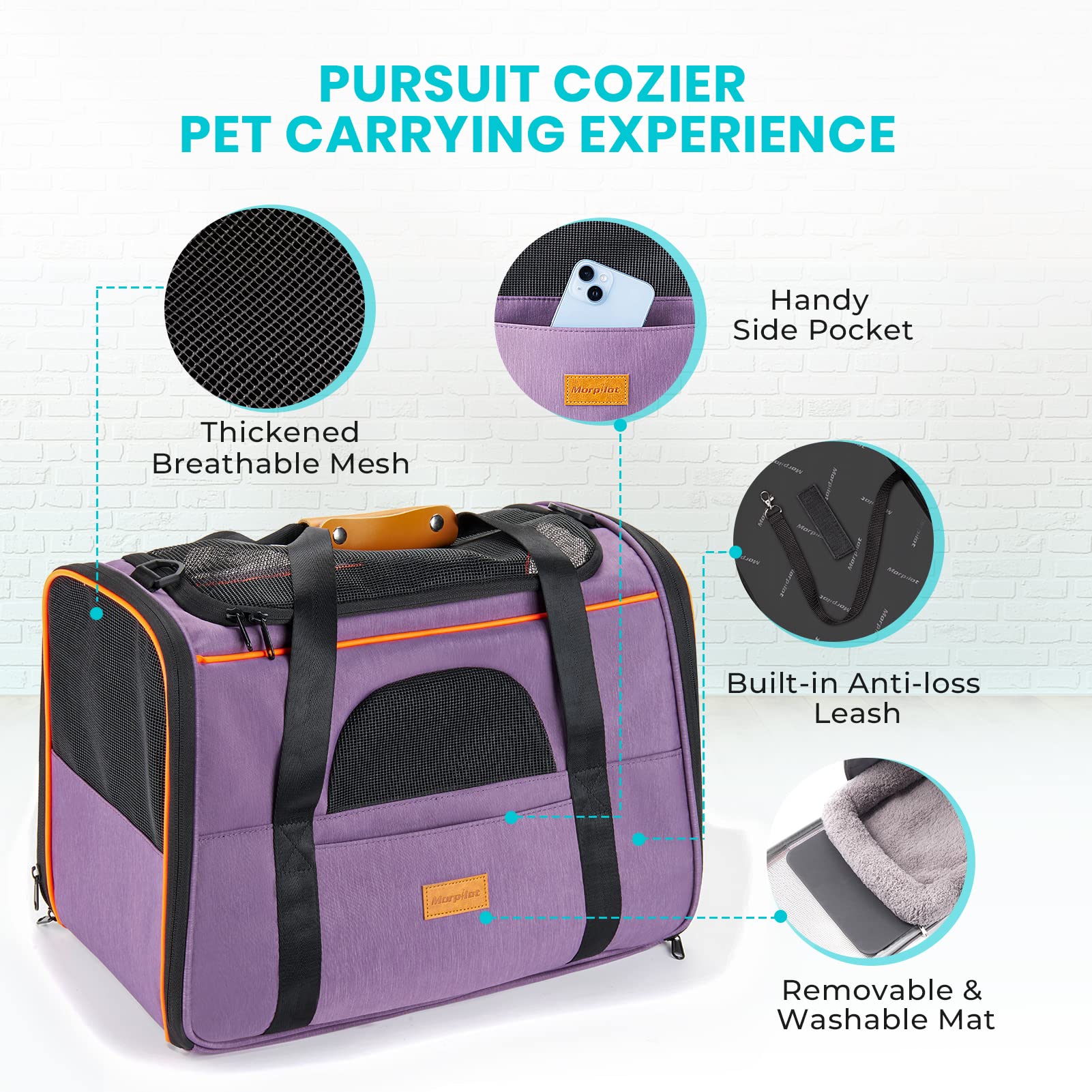 Morpilot Portable Cat Carrier - Soft Sided Cat Carrier For Medium Cats And Puppy Up To 15Lbs, Pet Carrier With Locking Safety Zi