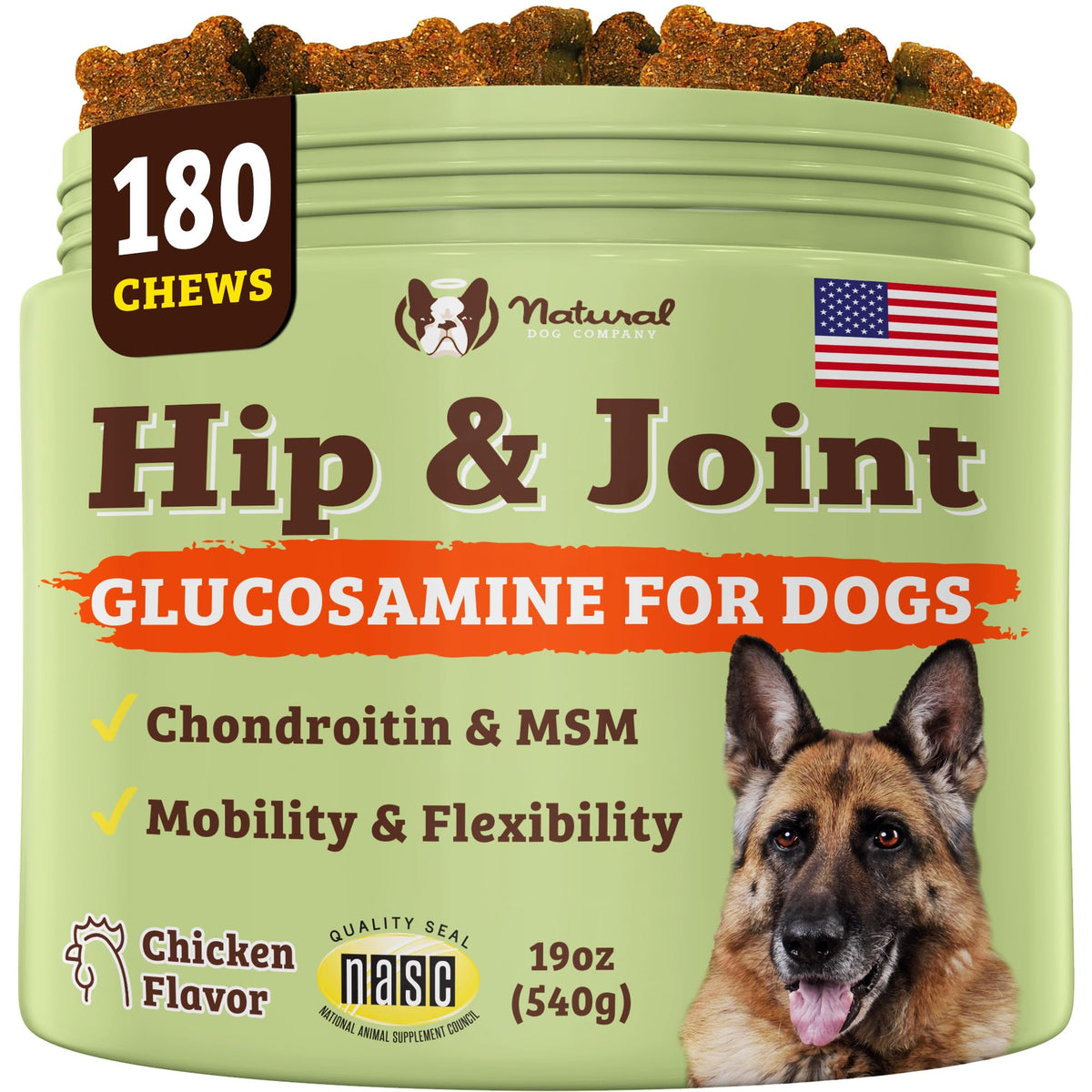 Natural Dog Company Hip & Joint Chews, Chicken Liver & Turmeric Flavor, With Glucosamine Chondroitin For Dogs, Maintains Bone And Joint Health, Supplements For Seniors And Puppies, 180 Count