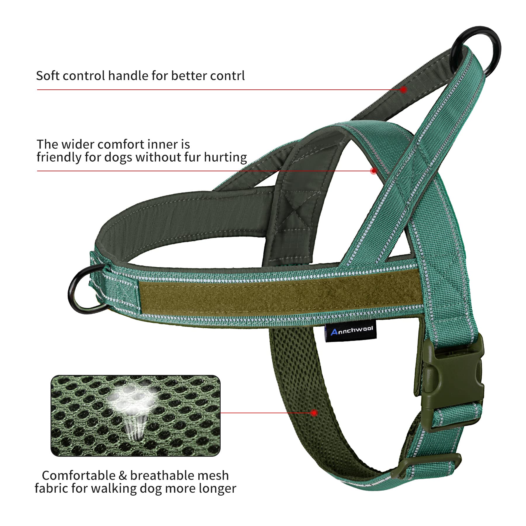 Annchwool No Pull Dog Harness with Soft Padded Handle,Reflective Strip Escape Proof and Quick Fit to Adjust Harness,Easy for Tra