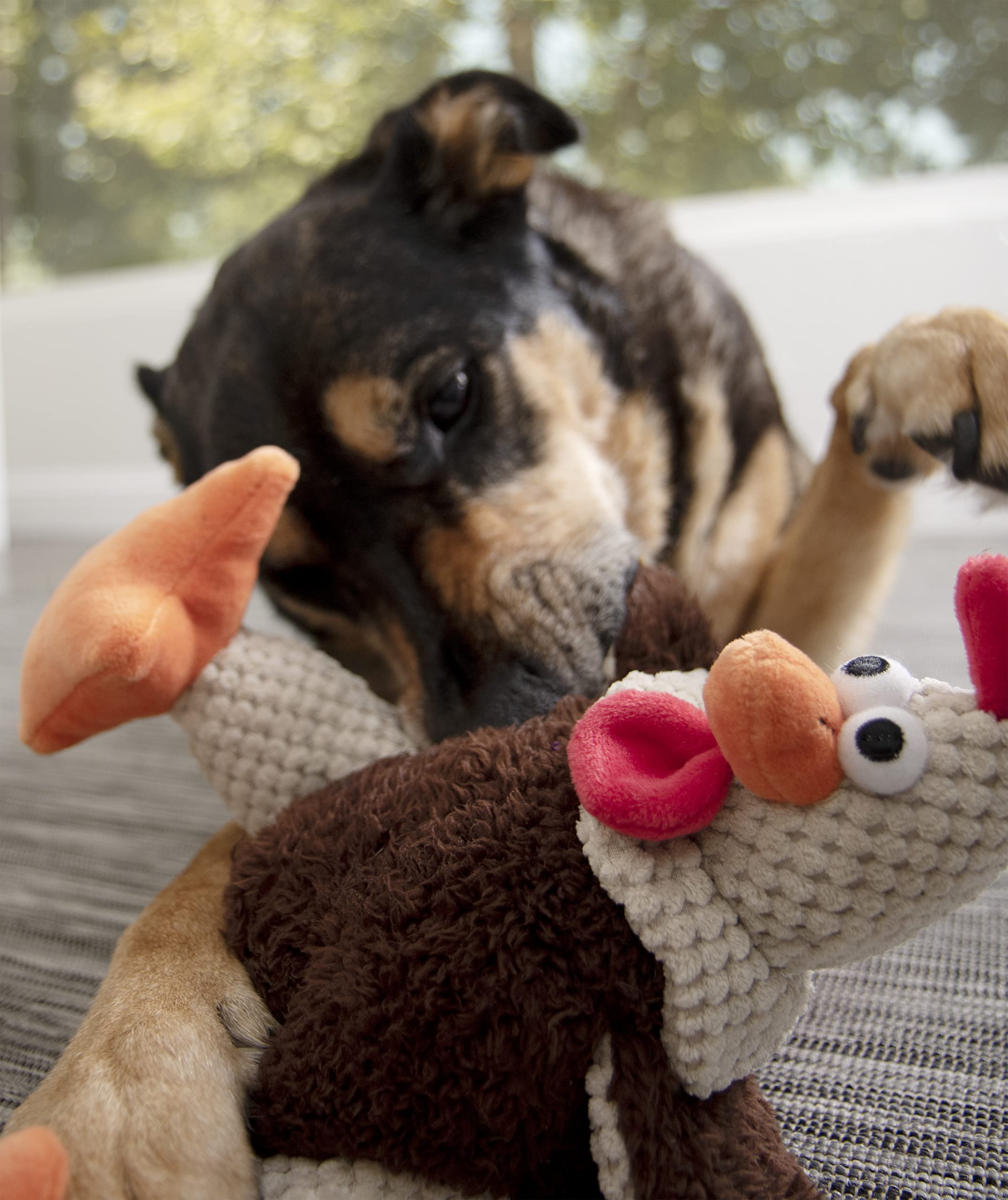 Godog Checkers Fat Rooster Squeaky Plush Dog Toy, Chew Guard Technology - Brown, Large