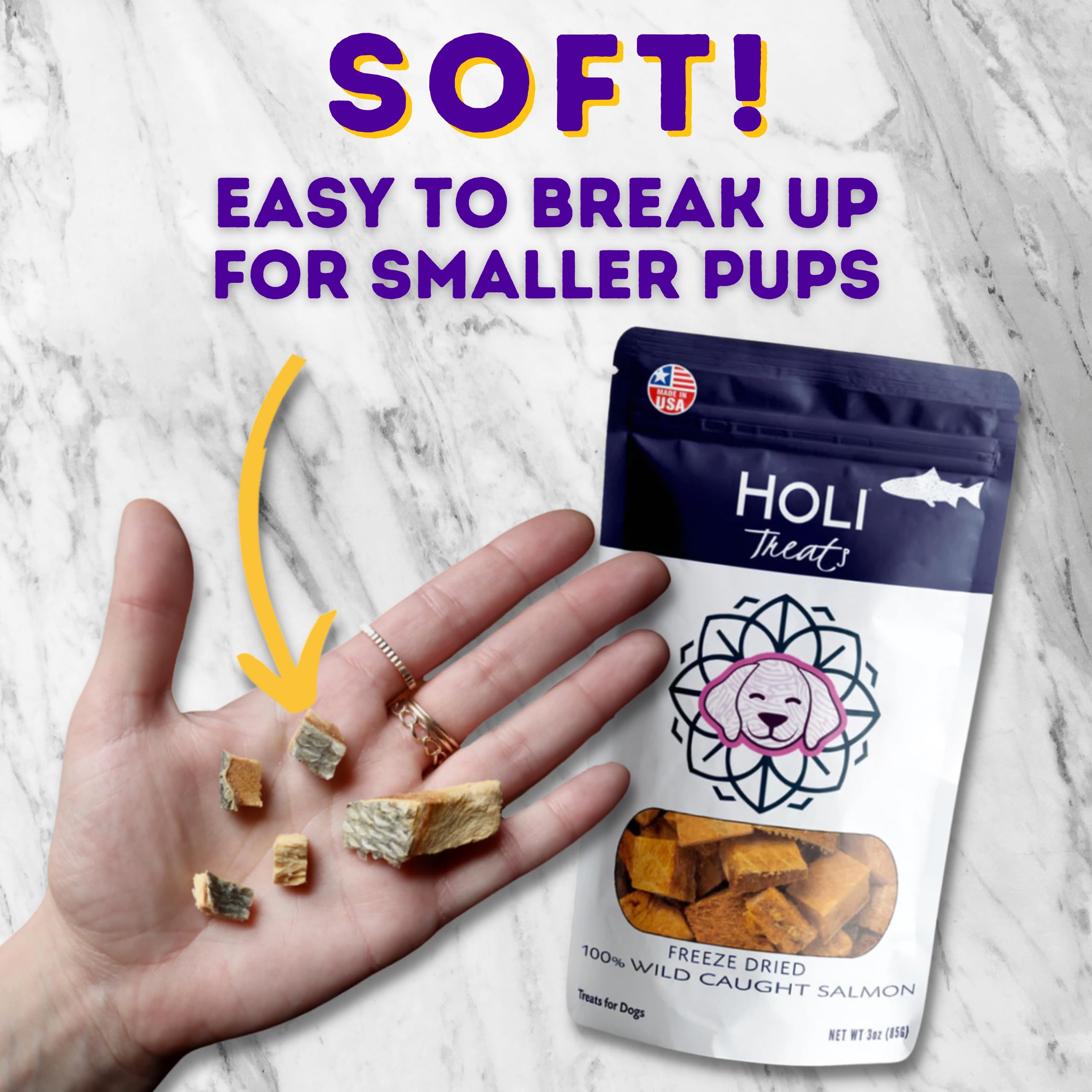 HOLI Freeze Dried Salmon Dog Treats - with Omega 3 and 6 Fish Oil - All Natural - Human Grade - Wild Caught Salmon with Skin - M