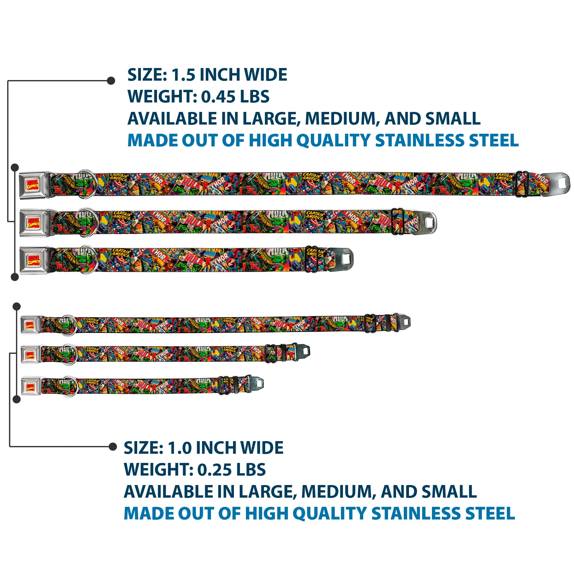 Buckle-Down Seatbelt Buckle Dog Collar - Retro Marvel Comic Books Stacked Close-Up - 1' Wide - Fits 9-15' Neck - Small