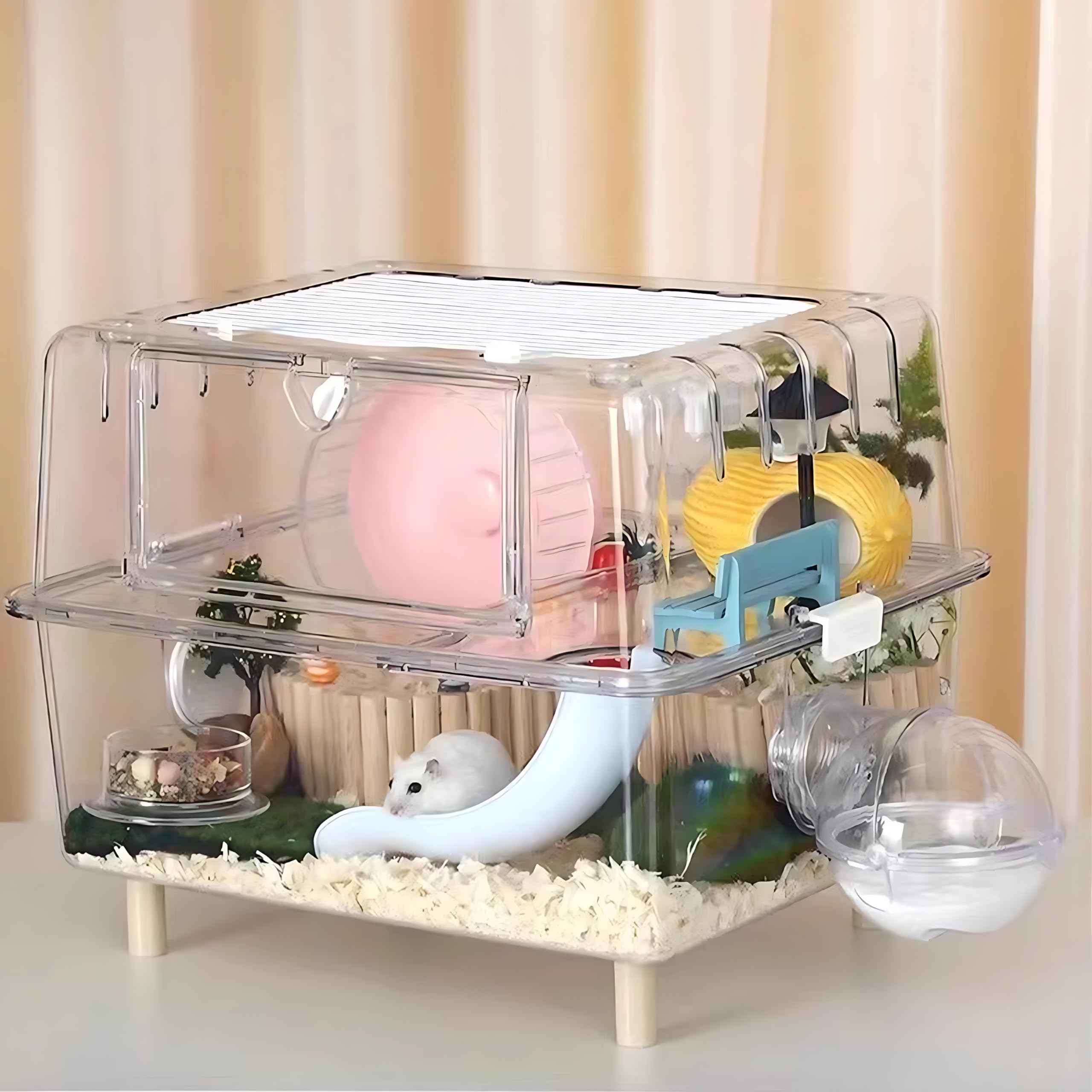 Ruexue 2-Floor Hamster and Guinea Pig Cage,Deluxe Rat Habitat, Acrylic Clear Transparent View Small Animal Enclosure with Slide(