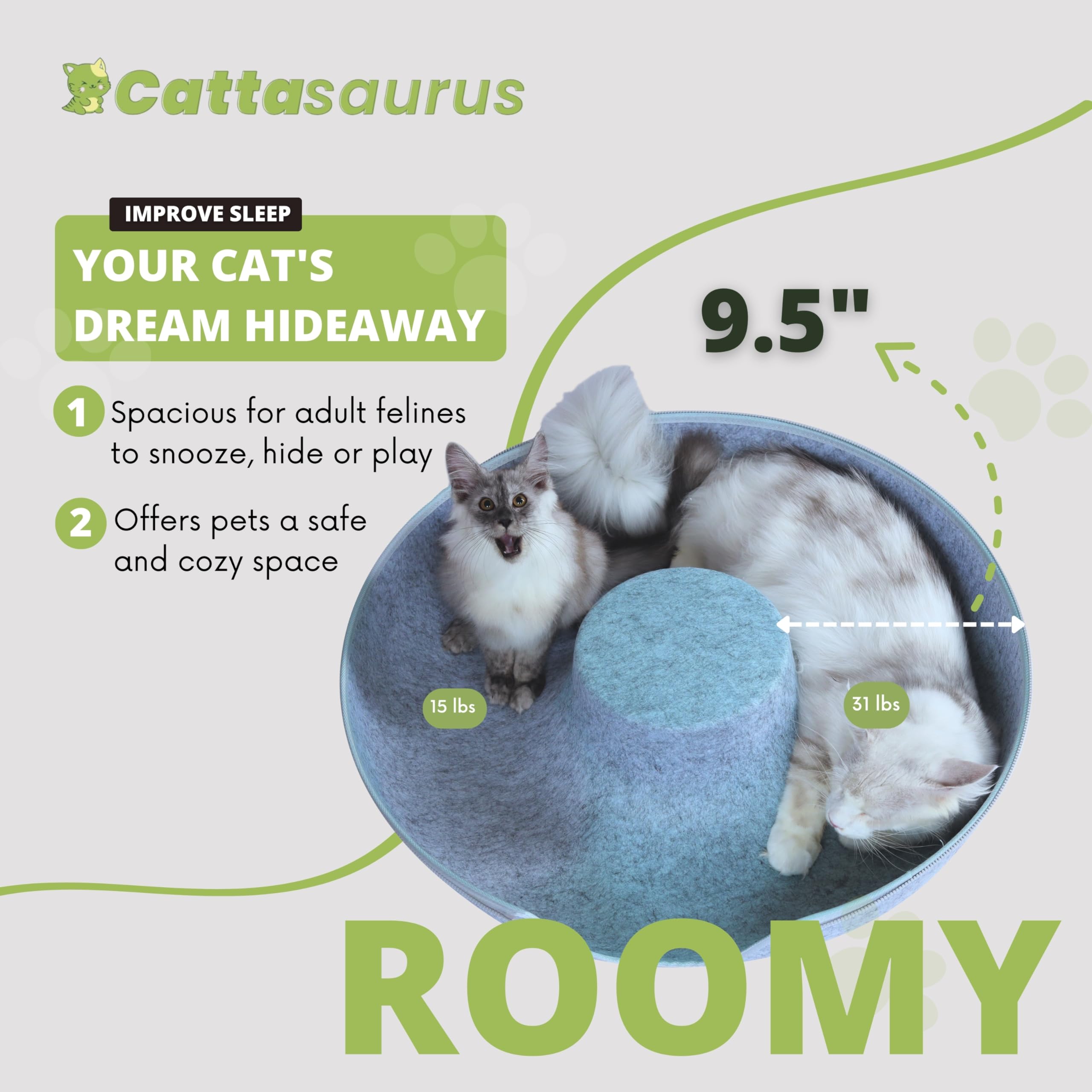 Cattasaurus Peekaboo Cat Cave For Multiple & Large Cats Up To 30-45 Lbs, Scratch Detachable & Washable Tunnel Bed, Comfy Donut Cat Cave (Light Gray, Jumbo)