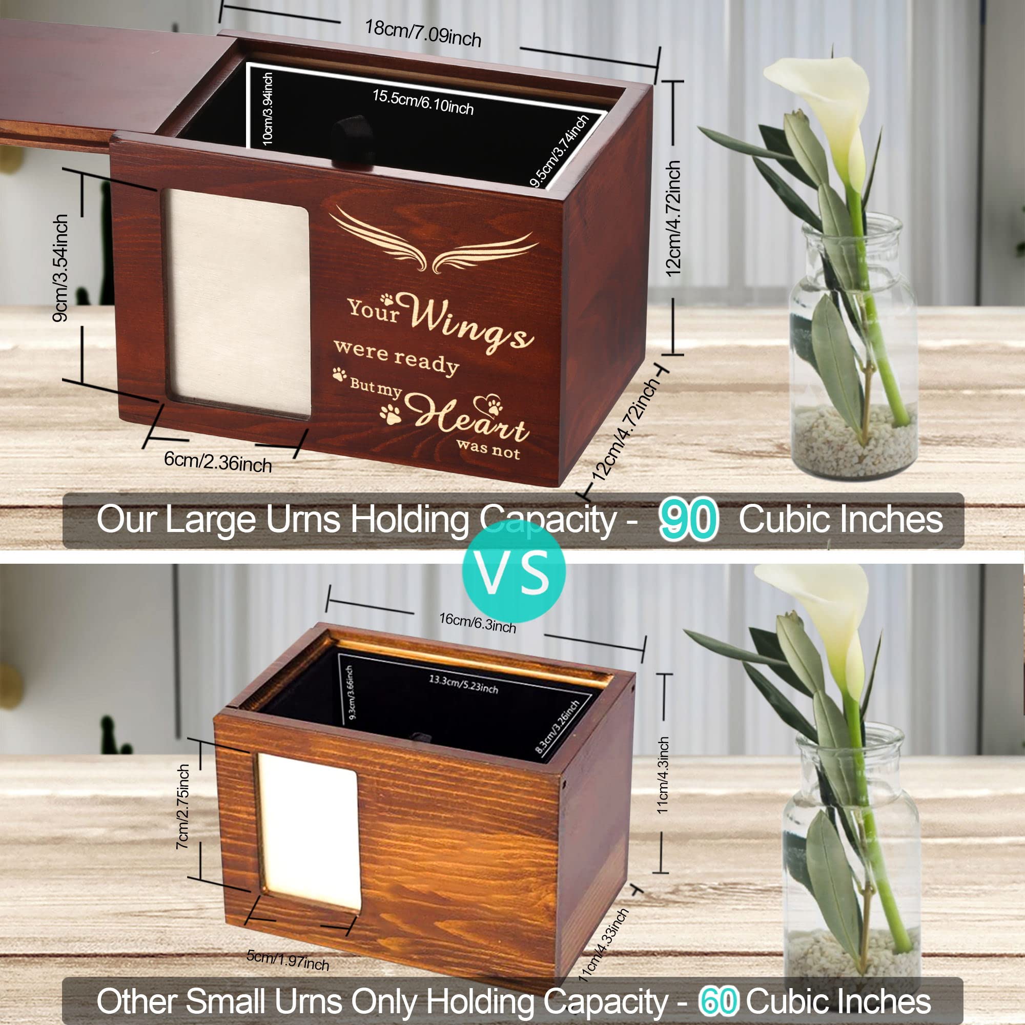 Pet Memorial Urns For Dog Or Cat Ashes, Large Wooden Funeral Cremation Urns With Photo Frame, Keepsake Memory Box With Black Fla
