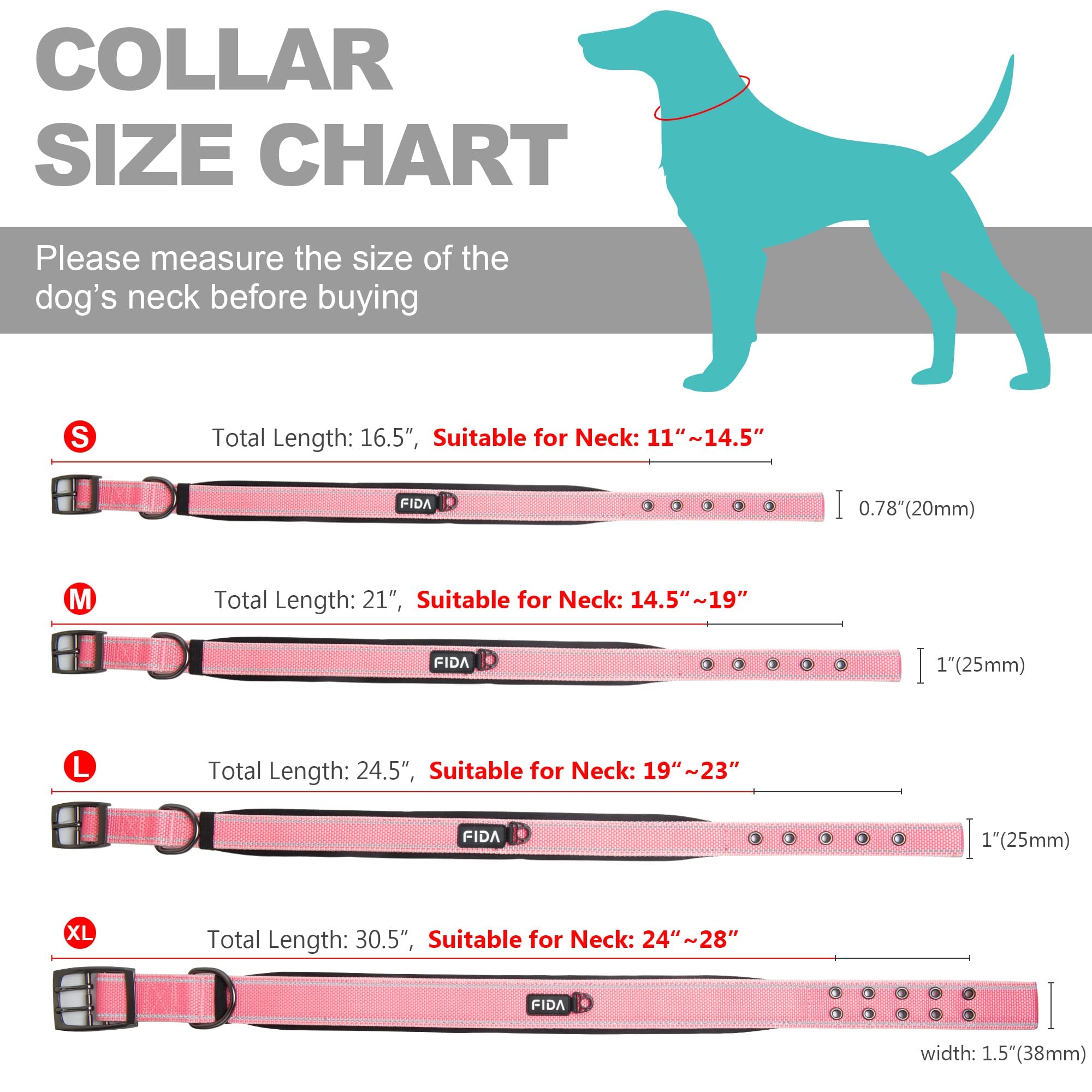 Fida Heavy Duty Dog Collar, Ultra Comfortable Soft Neoprene Padded, Adjustable Reflective Nylon Pet Collar With Durable Metal Belt Buckle For Medium Breeds (M, Pink)