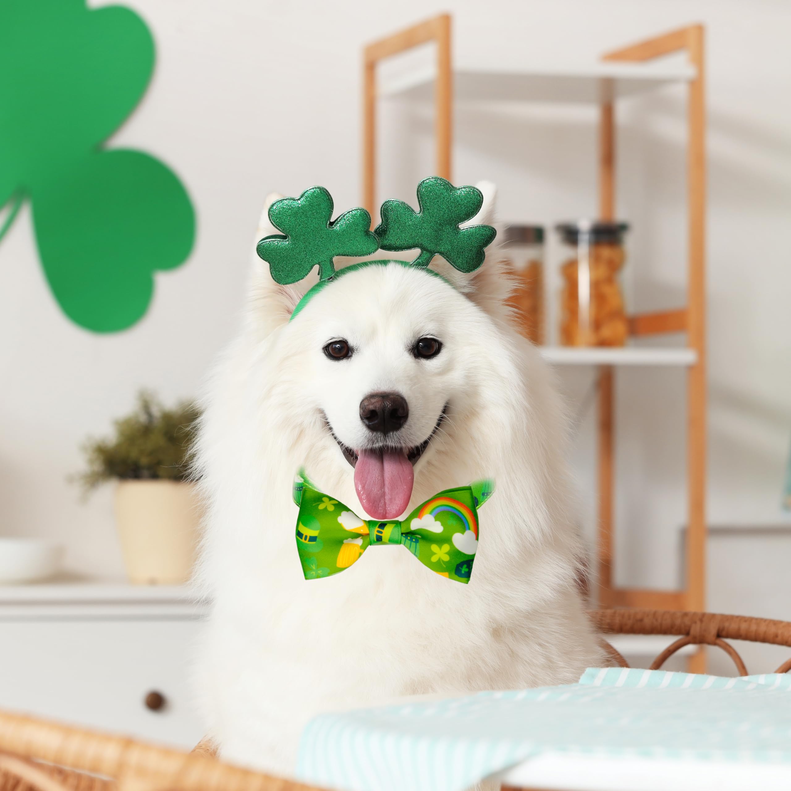 St. Patricks Day Dog Bow Tie Collar, Adjustable Green Shamrock Pattern Pet Collar With Detachable Bowtie, Festive And Comfortabl