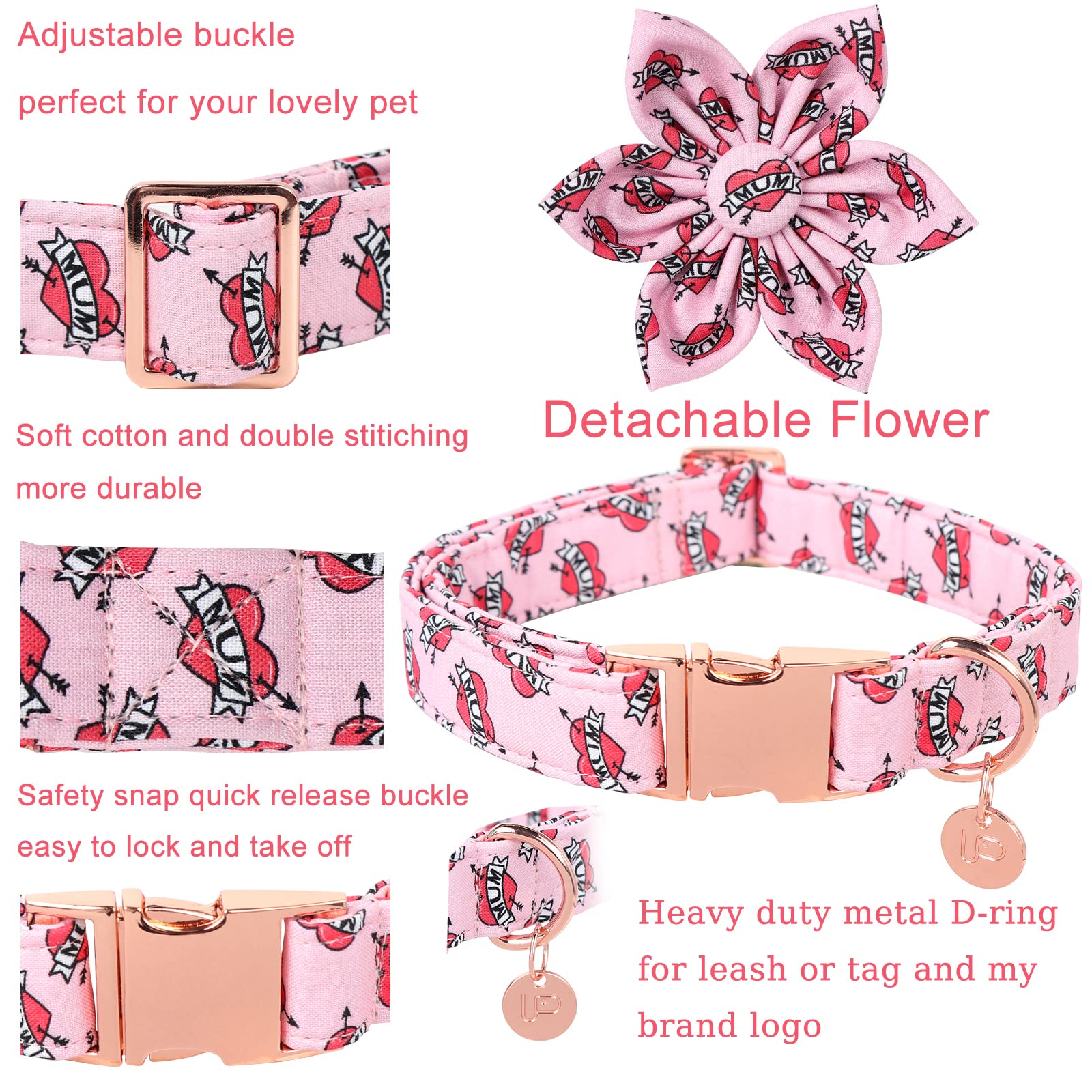 Up Urara Pup Mothers Dog Collar With Flower, Cute Cotton Girl Dog Collar, Adorable Pink Flower Collar For Large Girl Dog, Comfor