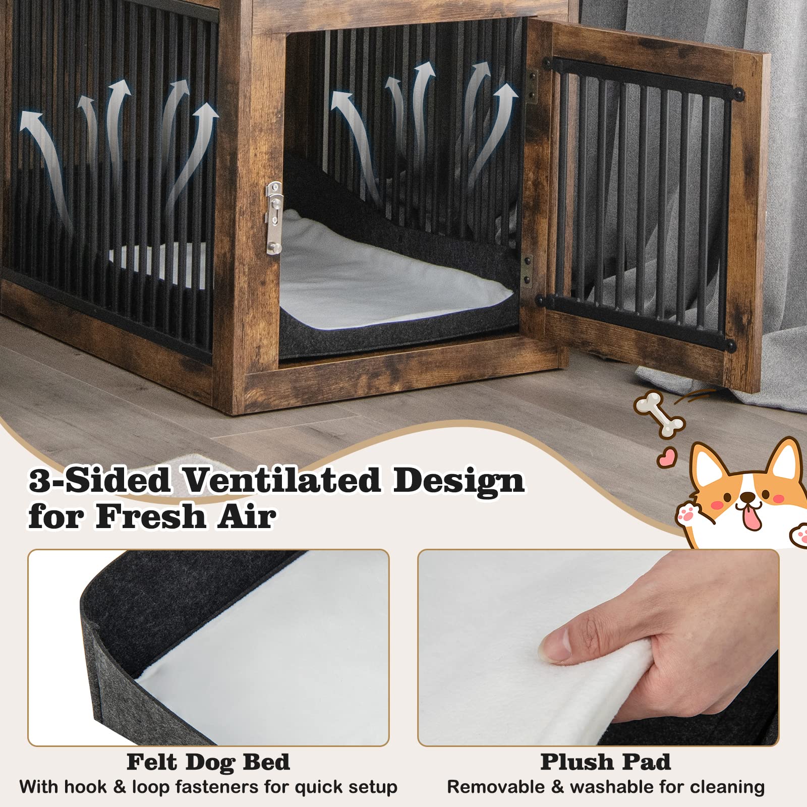 Giantex Dog Crate Furniture, Dog Kennel End Table with Chew-Proof Metal Fence, Lockable Door, Storage Drawer, Wired and Wireless