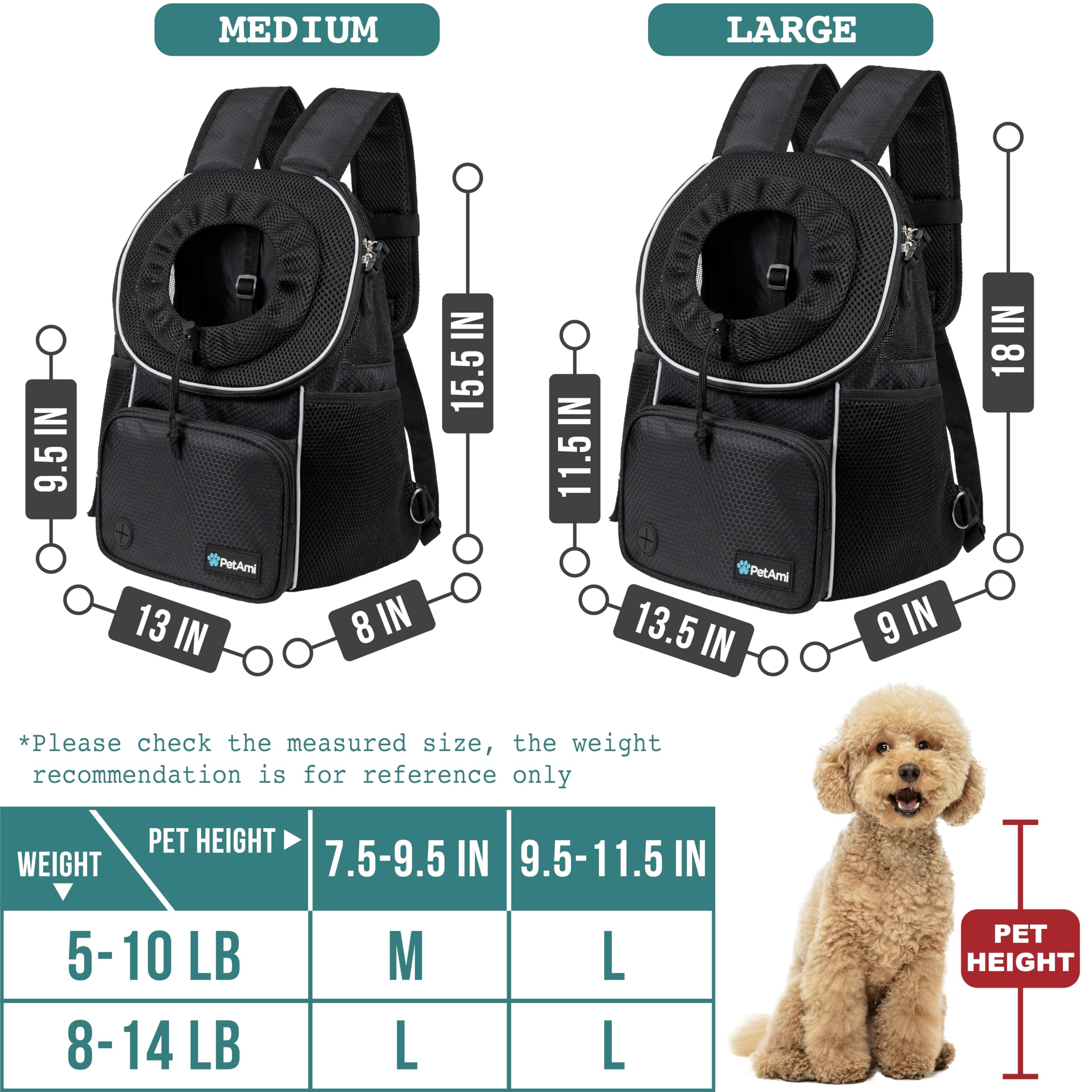 Petami Dog Front Carrier Backpack, Adjustable Dog Pet Cat Chest Carrier Backpack, Ventilated Dog Carrier For Hiking Camping Travel, Small Medium Dog Puppy Large Cat Carrying Bag, Max 15 Lbs, Black