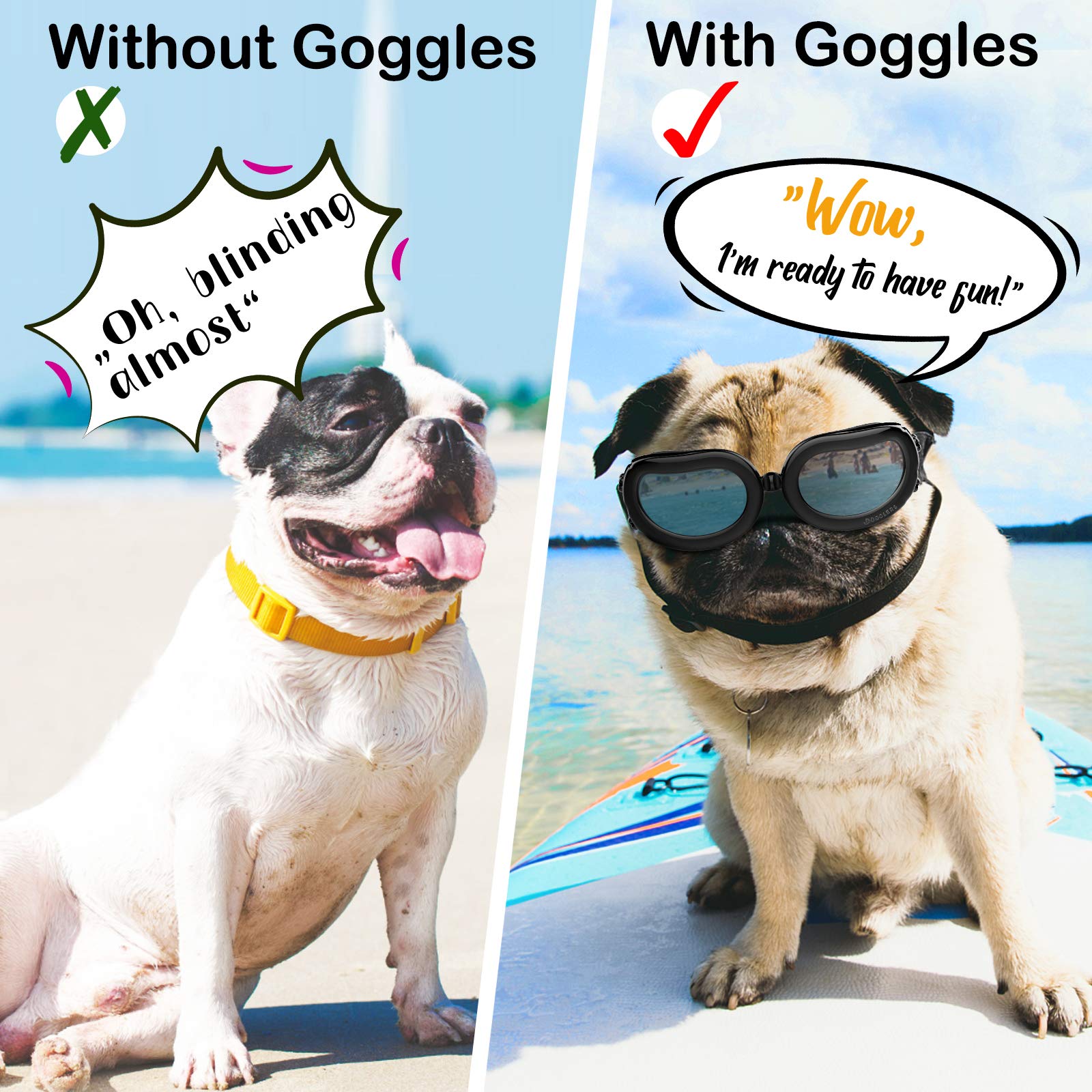 Pawaboo Dog Sunglasses, Small Dog Goggles With Adjustable Band, Waterproof Windproof Snowproof Cool Glasses For Puppy And Cat, Black