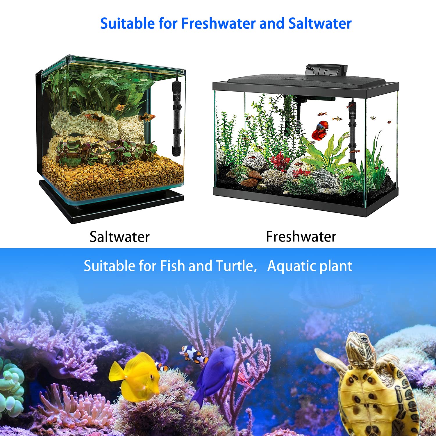 Yofoths Adjustable Mini Aquarium Heater 10-20 Gallons Submersible Small Fish Tank Heater 100W Digital Display Thermostat External Temperature Controller (100W)