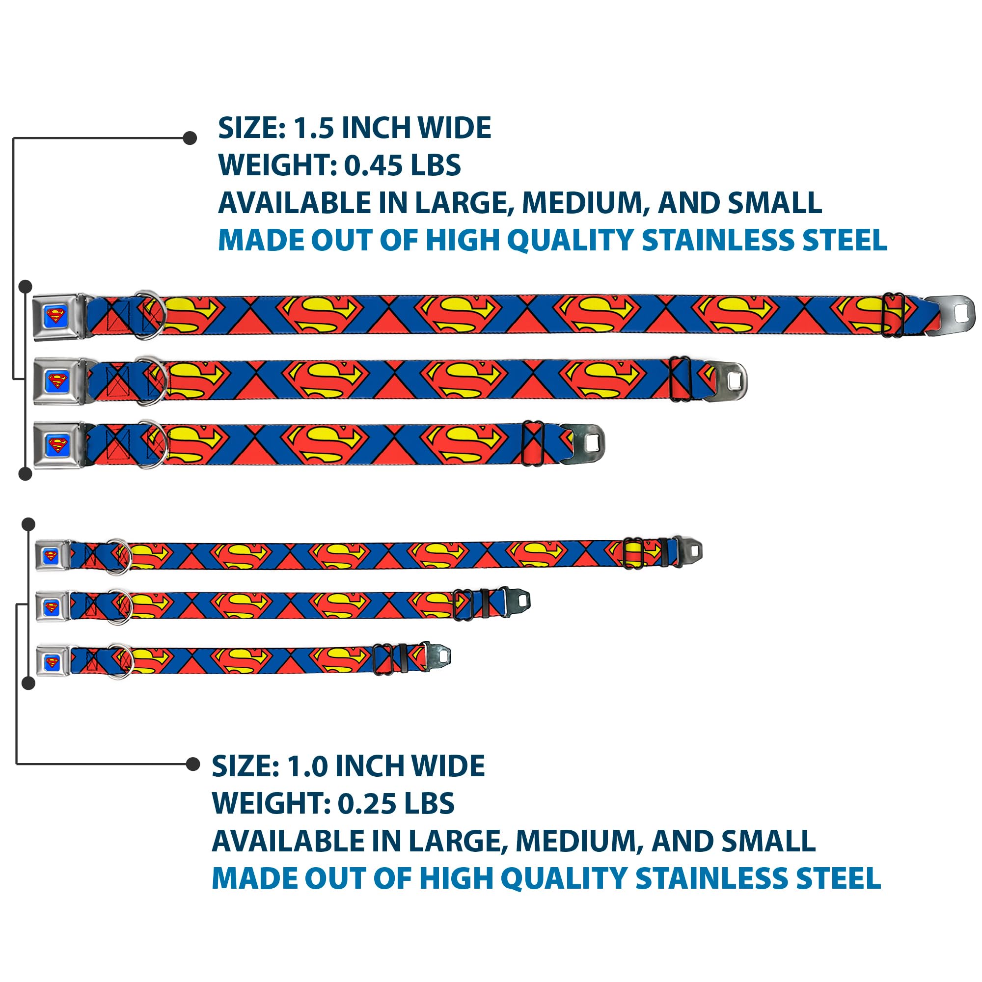 Buckle-Down Dog Collar Seatbelt Buckle Superman Shield Close Up Blue Red Yellow 9 To 15 Inches 1.0 Inch Wide, Multicolor