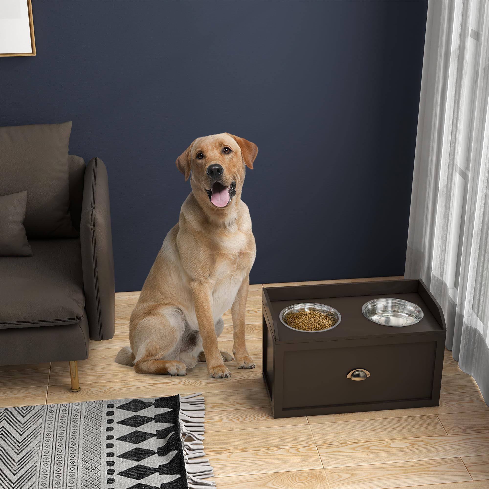 PawHut Dog Feeding Station with Storage Drawer, Dog Food Storage Cabinet with 2 Removable Elevated Dog Bowls for Large Sized Dog
