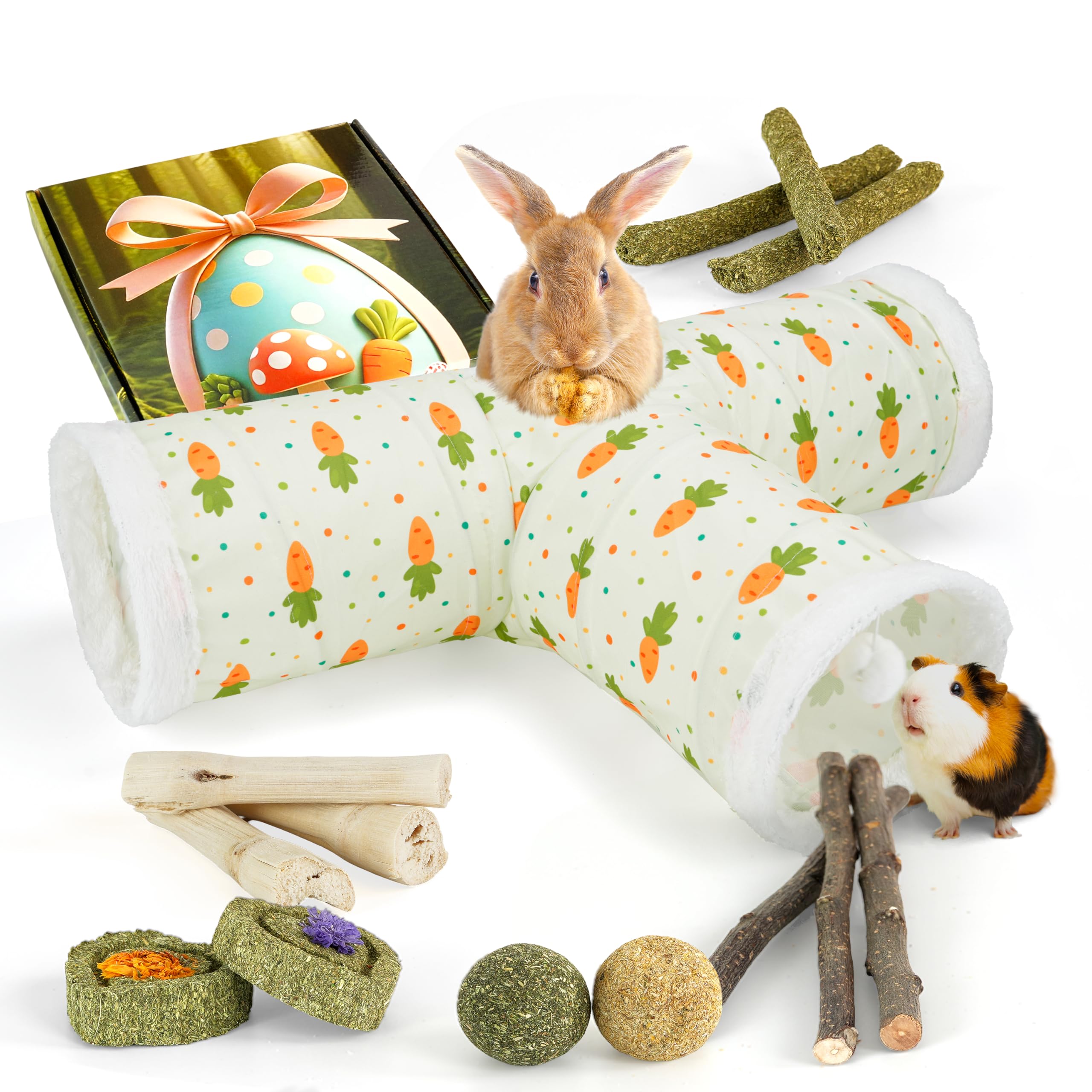 LEXASTLE Bunny Tunnels & Tubes Collapsible 3 Way Rabbit Hideout with 13pcs Toys for Bunny Guinea Pig Hamster Chinchilla Hedgehog
