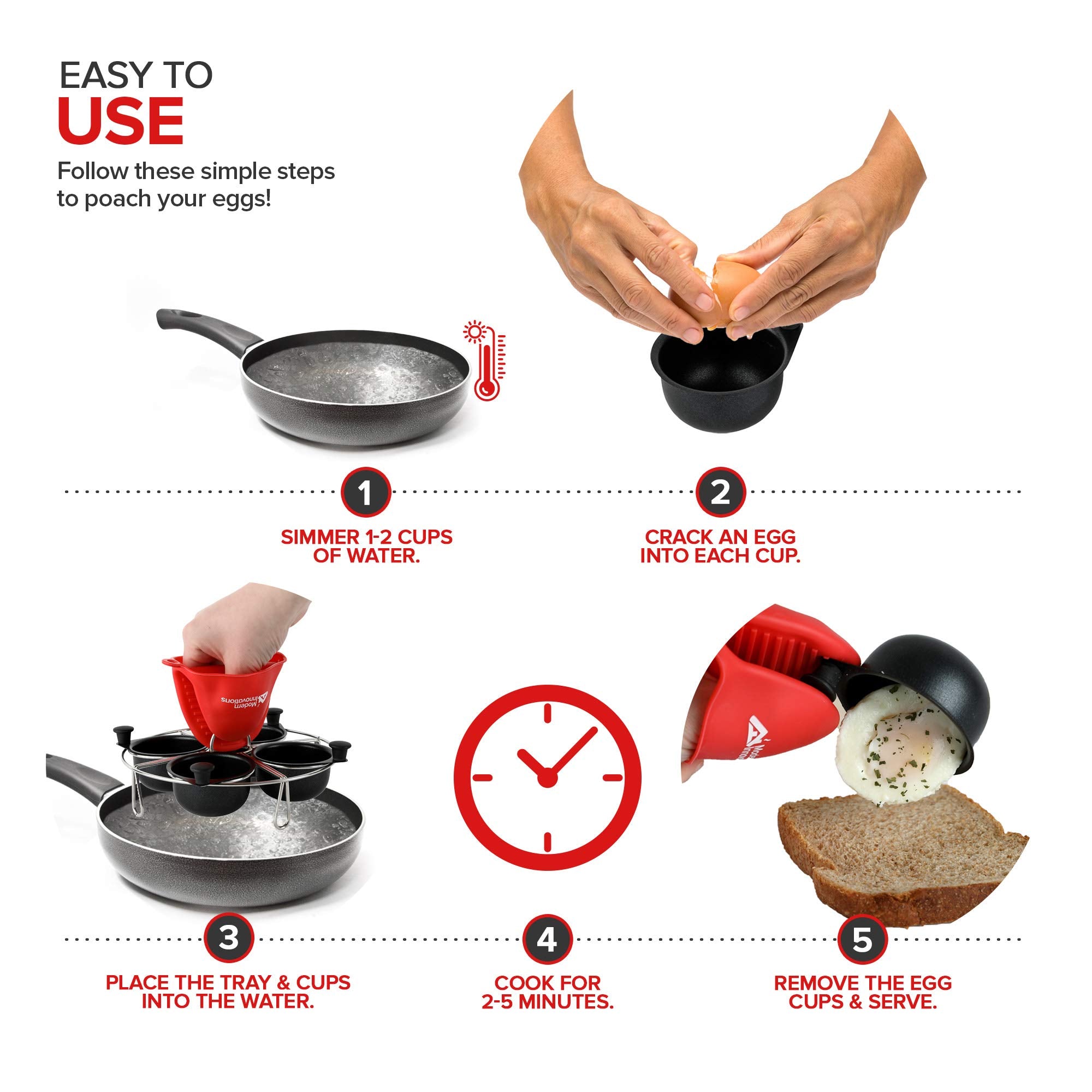 Modern Innovations Stainless Steel 4-cup Egg Poacher Tray - complimentary Silicone Mitt - Egg Poacher Insert for Poaching Eggs