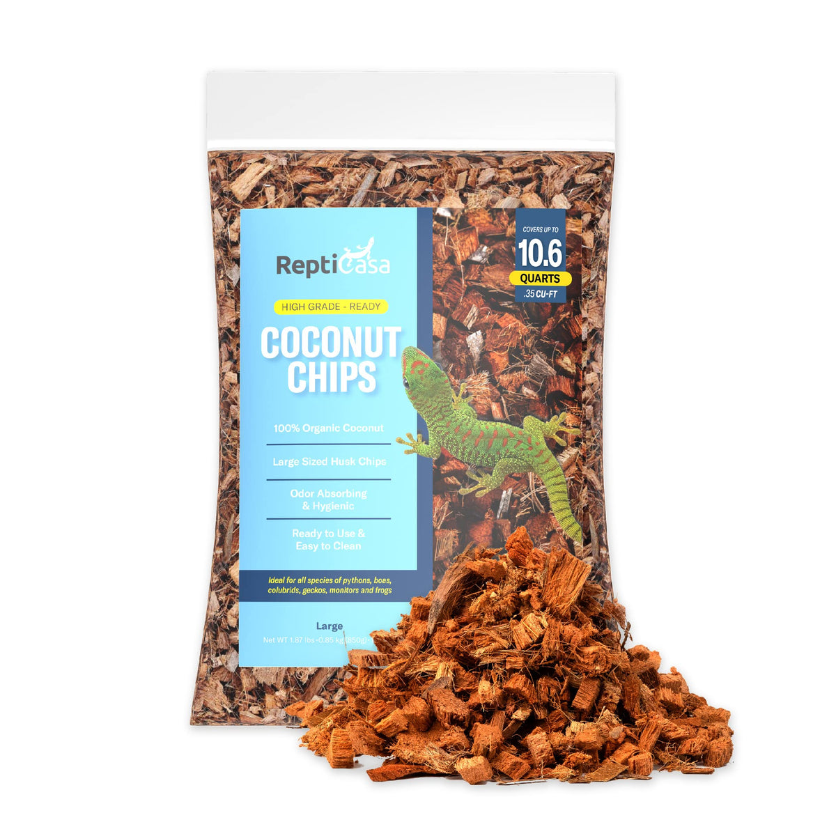 ReptiCasa Organic Coconut Chips Substrate Clean & Ready to Use for Reptiles, Snake, Tortoise, and Amphibian, Natural Fiber Free 