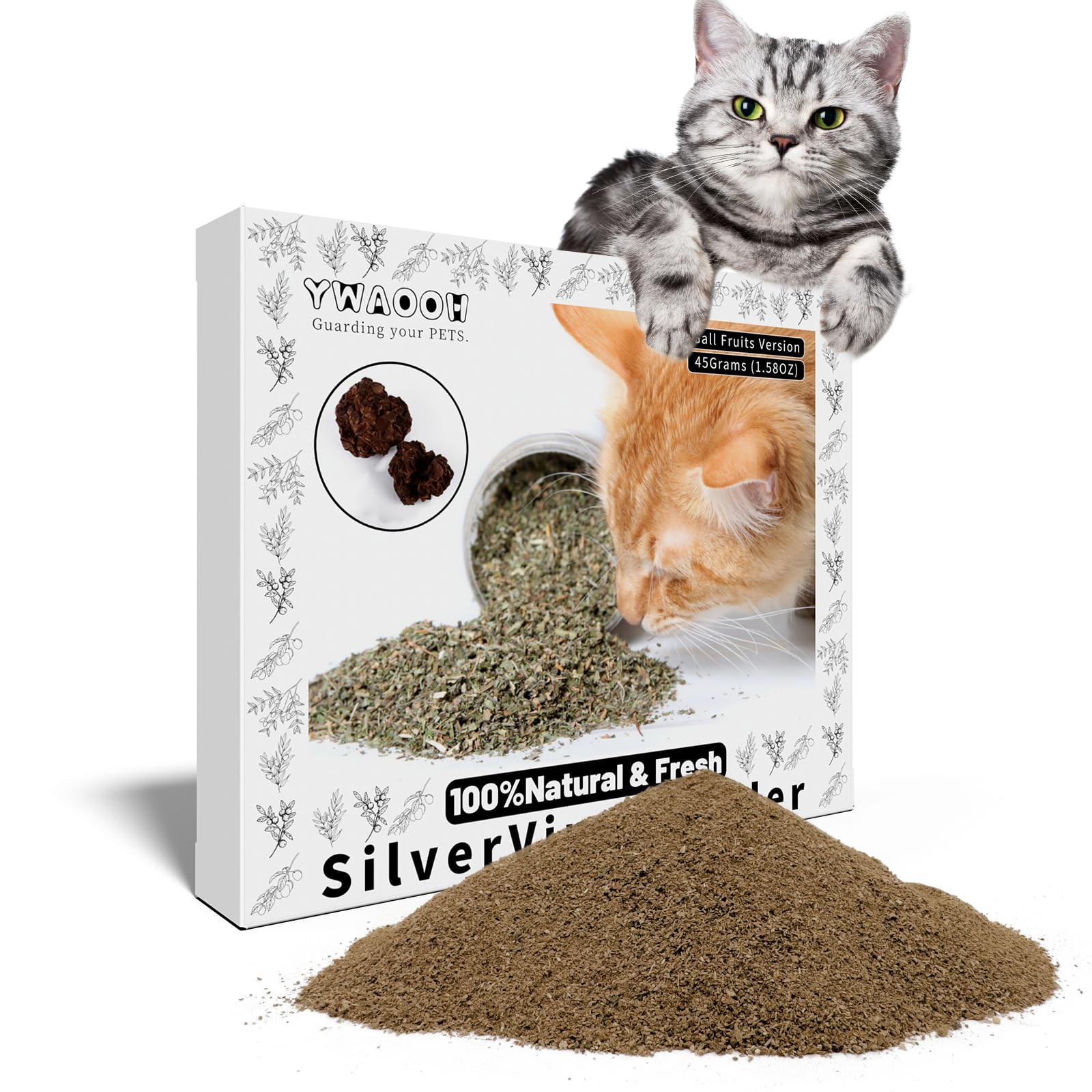 Ywaooh Cat Toys - Silvervine Powder 45G With 5 Resealable Pouches, Catnip Alternative, 100% Natural Silver Vine Gall Fruit Powde