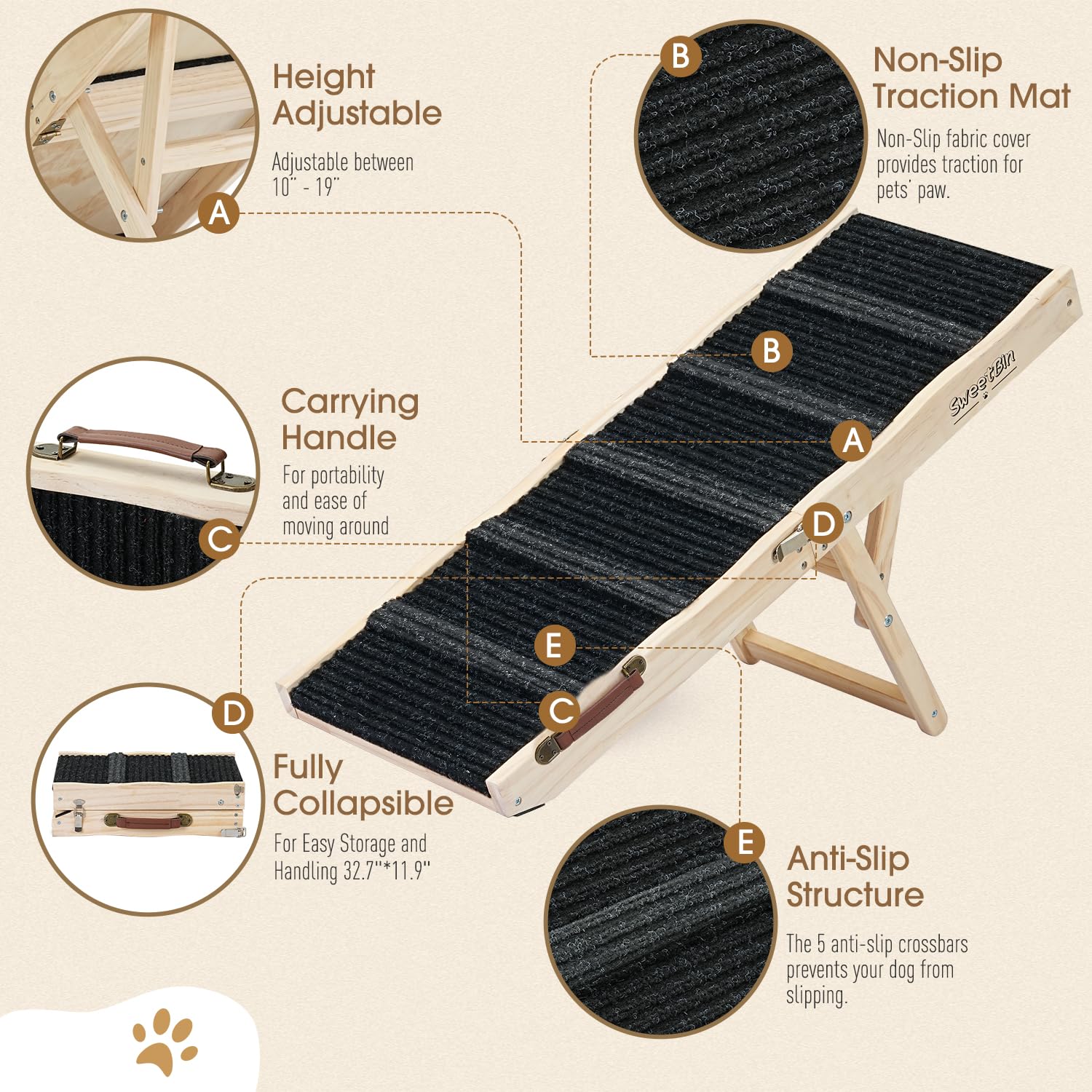 Dog Ramps For Couch - Only Small Dogs And Cats Use - Non-Slip, Sturdy Build Foldable Ramp - Wooden Portable Dog Ramp Perfect For