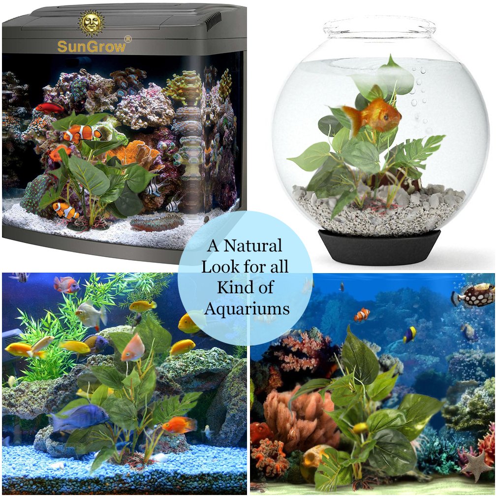 SunGrow Plastic Leaf Plant, Heavy-Duty Ceramic Base, Hiding Spot for Fish, Betta, Angelfish, Gold Fish, Frog, Python, Reptiles,