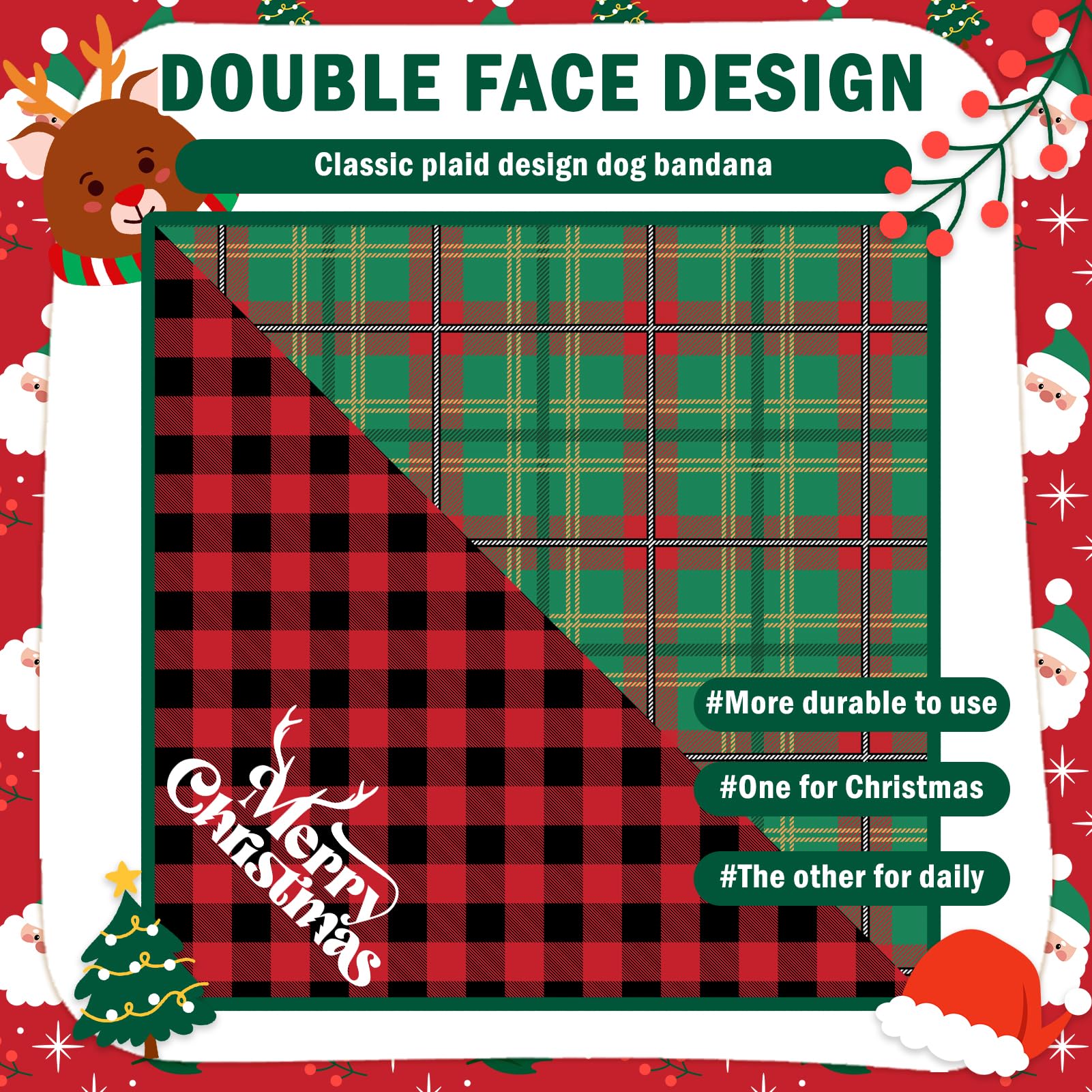 Scenereal Christmas Dog Bandanas 2 Pack, Puppy Xmas Santa Claus Elk Triangle Bibs Handkerchief, Reversible Holiday Dog Bandana F