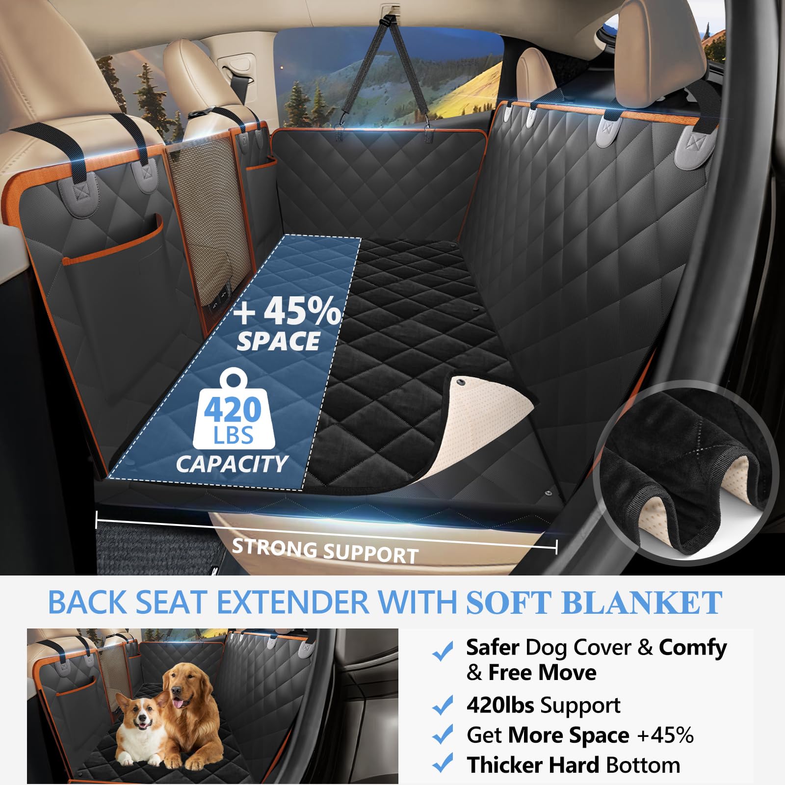 2025 Upgraded Back Seat Extender For Dogs With Soft Blanket, Dog Car Seat Cover For Back Seat Holds 420Lbs, Hard Bottom Backseat